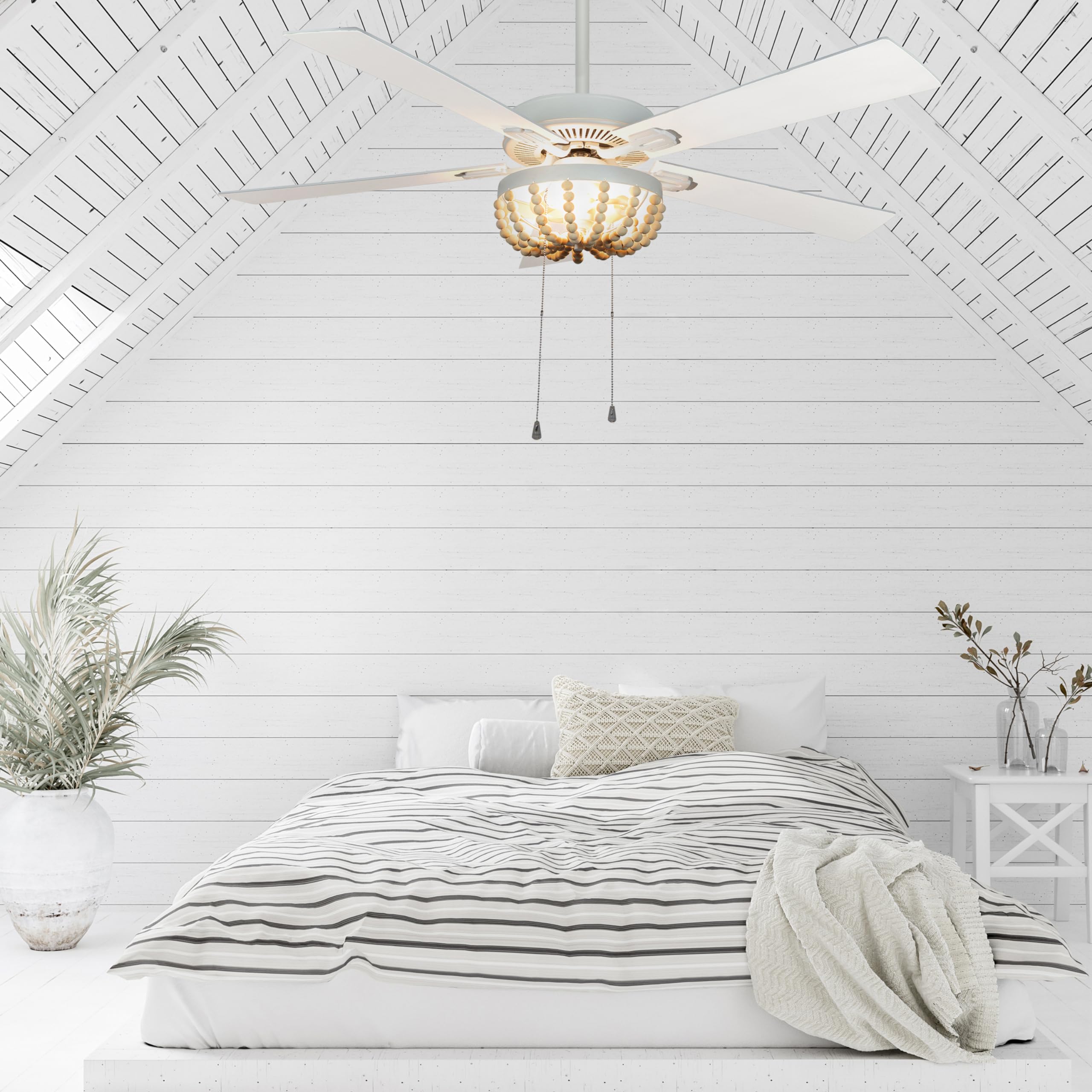 52 Inch Coastal Wooden Bead LED Ceiling Fan with Remote Control - Cream White Finish - Perfect for Beach House, Bedroom, Living Room & Patio Cooling