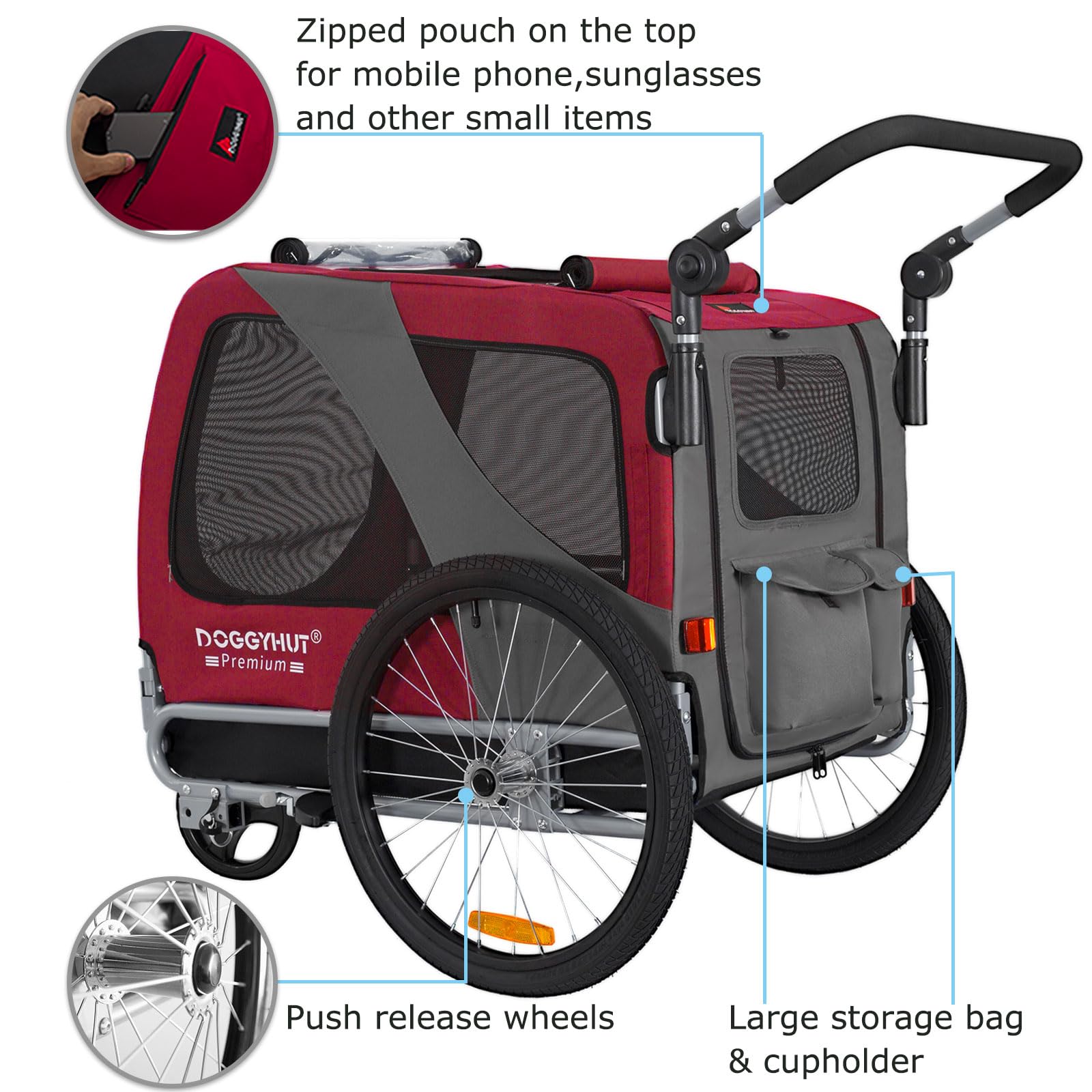 DOGGYHUT® Premium Large/XL Pet Bike Trailer & Stroller - Heavy Duty Bicycle Carrier for Large Dogs or Multiple Small Pets - Low Center Gravity, Parking Brakes, Easy Fold Frame - Perfect for Cycling, Jogging, Park Outings & Outdoor Adventures