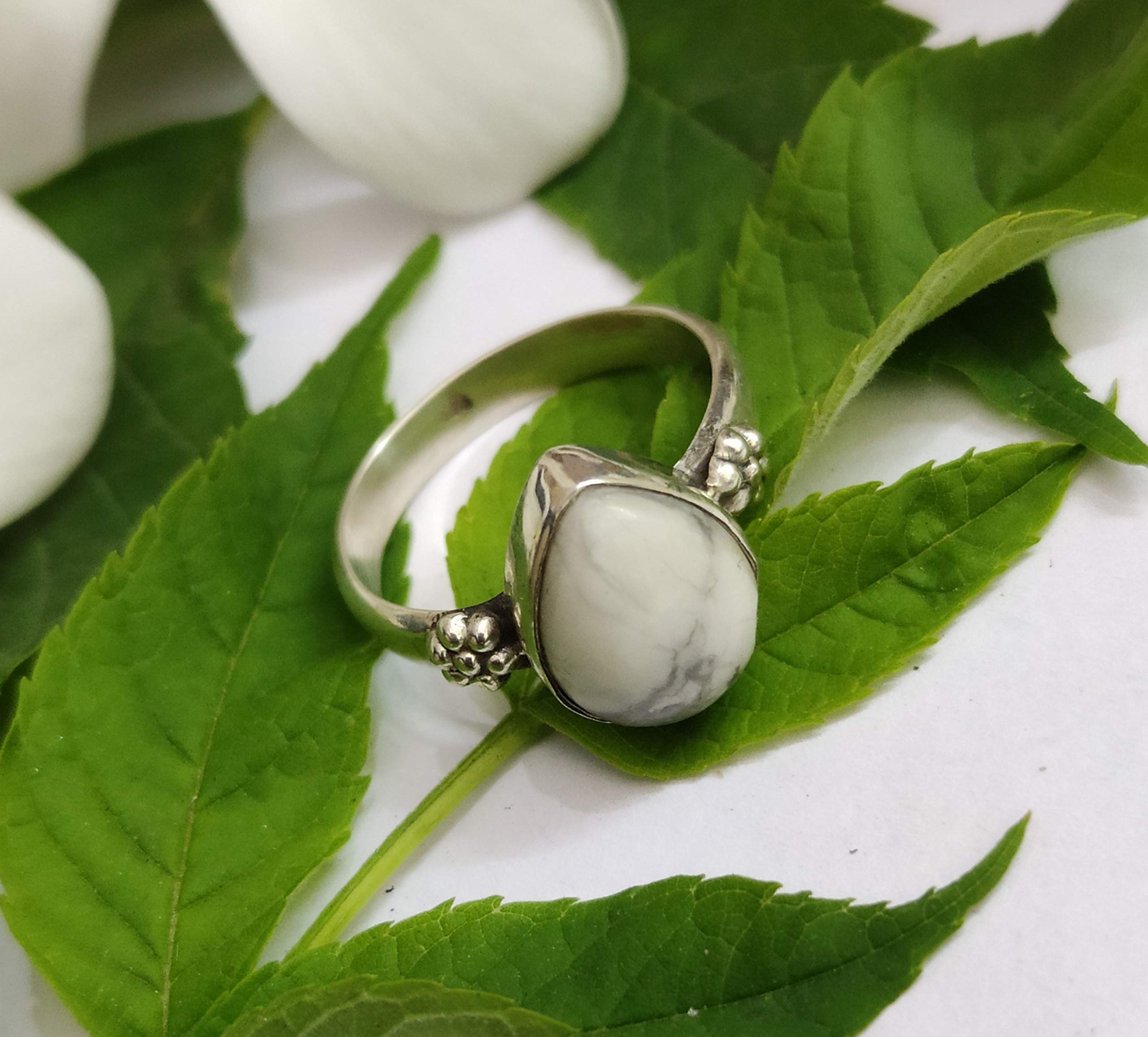 White Howlite Sterling Silver Teardrop Ring - Dainty Boho Style Promise Ring with Healing Crystal, Buffalo & Turquoise Howlite - Perfect Bridesmaid Gift, Gypsy & Vintage Jewelry for Everyday Wear or Special Occasions