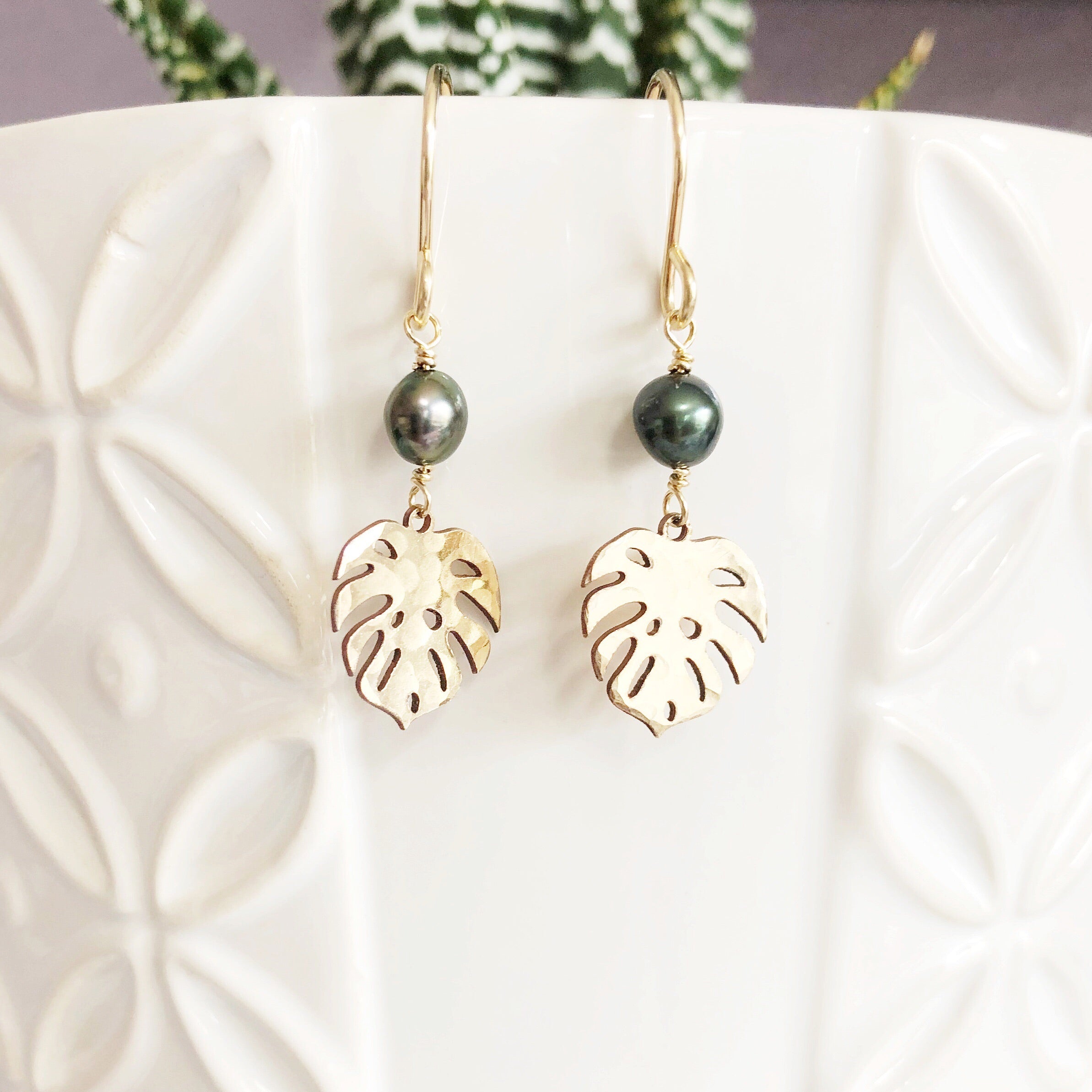 Petite Monstera Leaf Dangle Earrings with Keshi Tahitian Pearls (E511) - Elegant Boho Jewelry for Women, Perfect for Weddings & Special Occasions