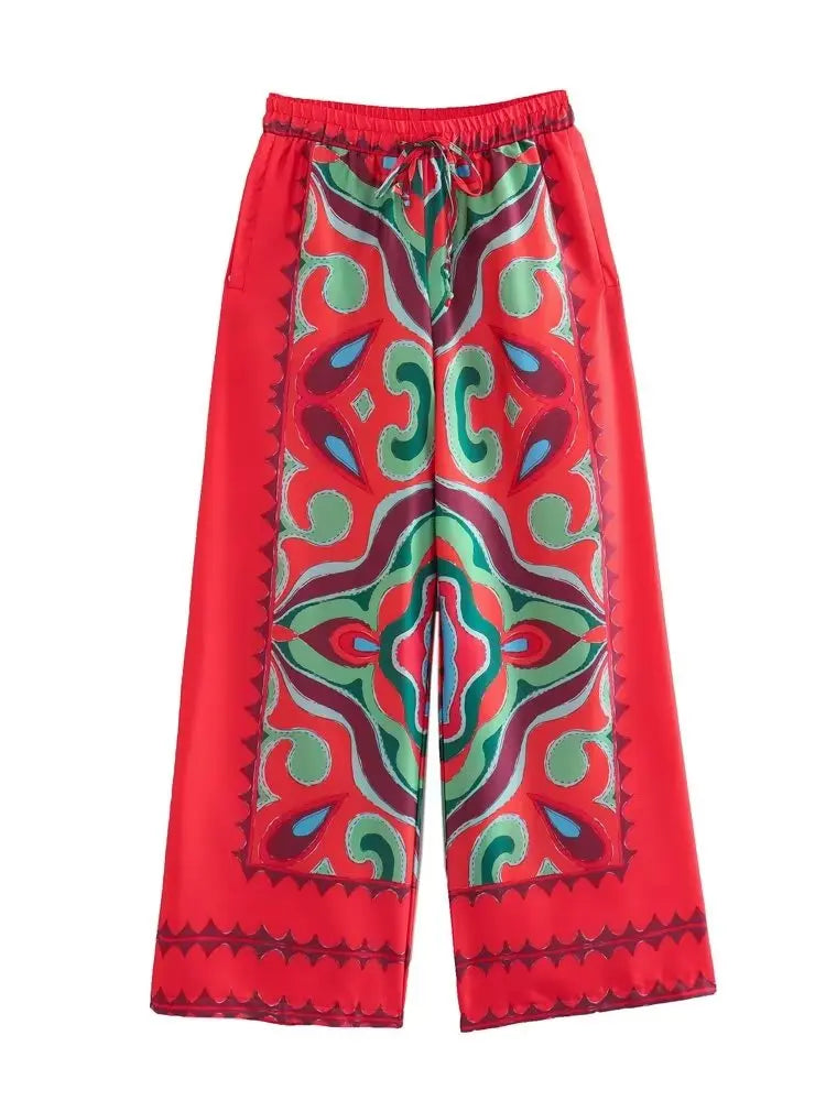 BlingBlingee Summer Printed Women's Wide Leg Pants & Satin Crop Top Set - Y2K Fashion Asymmetric Sleeveless Strapless Outfit for Beach, Party & Casual Wear