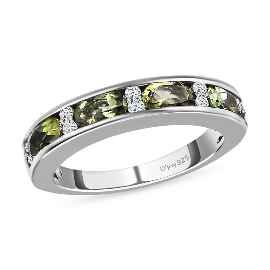 925 Sterling Silver Moldavite & White Zircon Half Eternity Ring for Women - Platinum Plated Wedding Band, Promise Jewelry & Birthday Gift - Perfect for Engagements, Anniversaries and Special Occasions