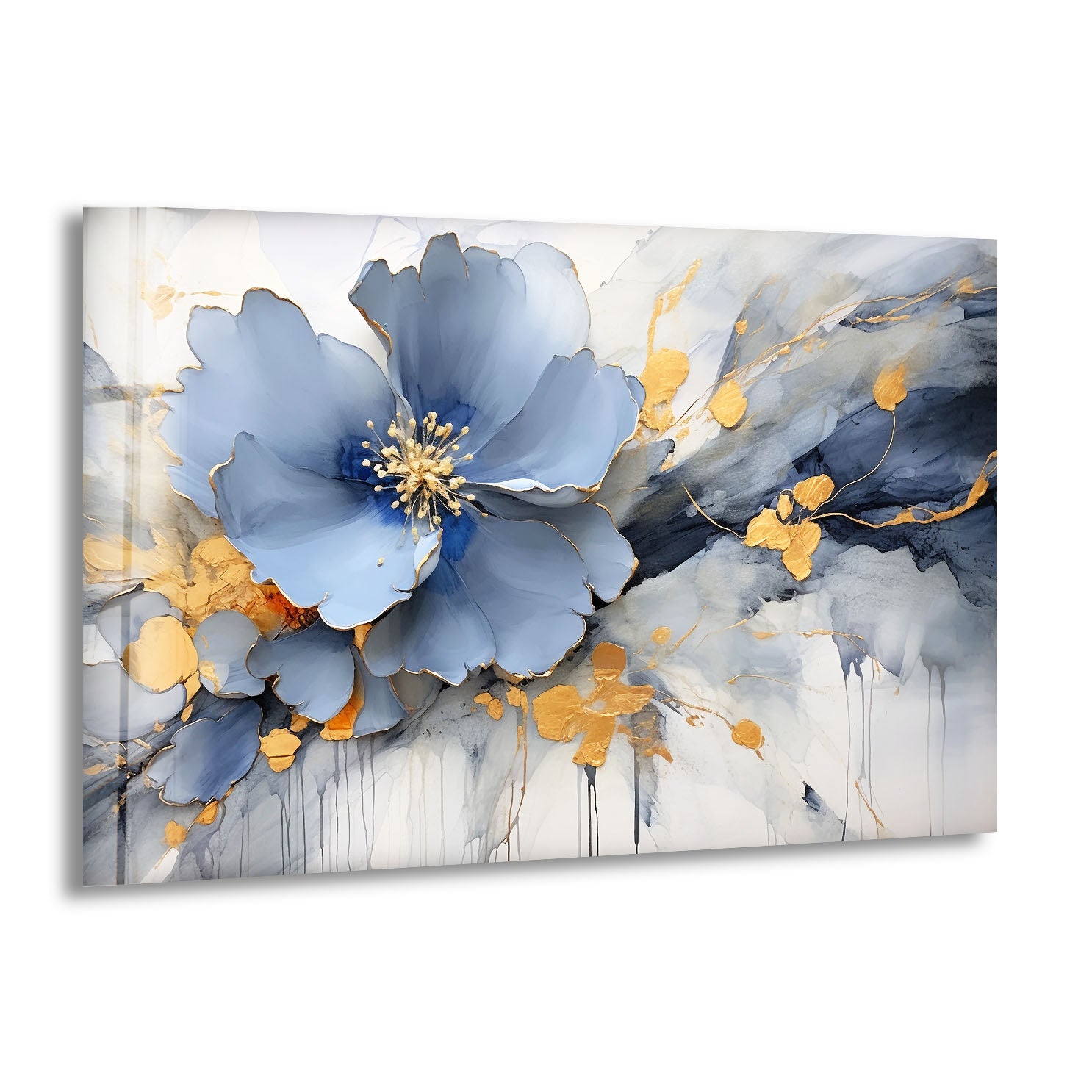 Blue Gold Blossom Wall Art - Elegant Floral Glass Print for Home Décor | Modern Botanical Painting for Living Room, Bedroom & Office | Perfect Housewarming Gift