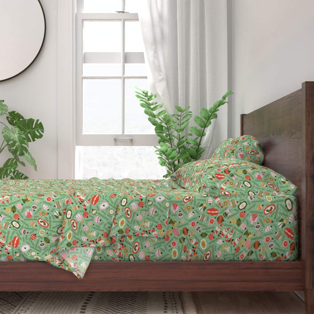100% Cotton King Size 4-Piece Bed Sheet Set - Christmas Ornaments Retro Toys Santa Angel Vintage Print Custom Bedding | Perfect for Holiday Decor & Cozy Winter Nights