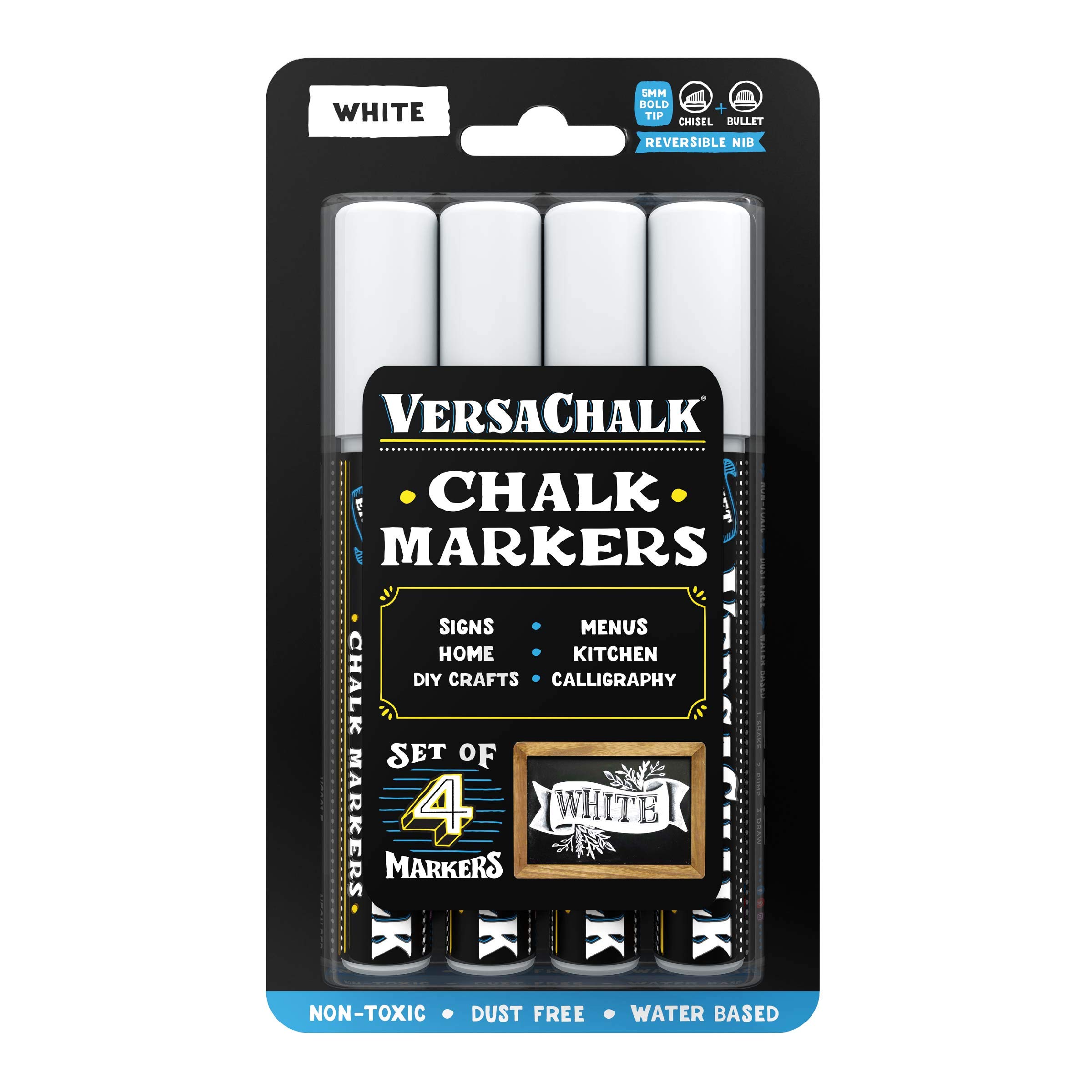 **VersaChalk White Chalkboard Markers - Wet Erase Dustless Chalk Paint Pens for Blackboard, Whiteboard, Signs & Menus (Bold 5mm Tip, 4-Pack) - Perfect for Restaurants, Cafes, Classrooms & Home Decor**