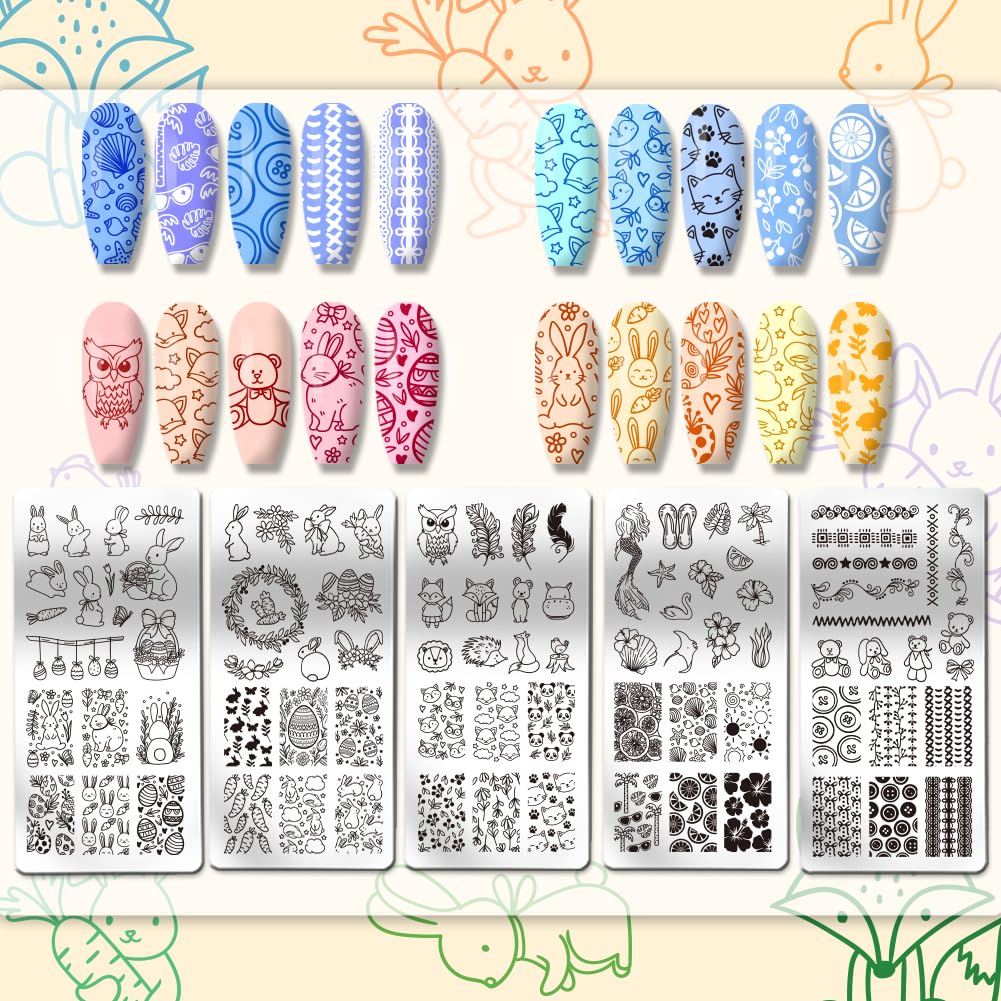 5pcs Easter Bunny Nail Art Stamping Plates - Stainless Steel Nail Design Templates with Rabbit & Floral Patterns for DIY Manicure | Perfect for Easter Nail Art, Spring Salon Designs & Home Nail Stamping