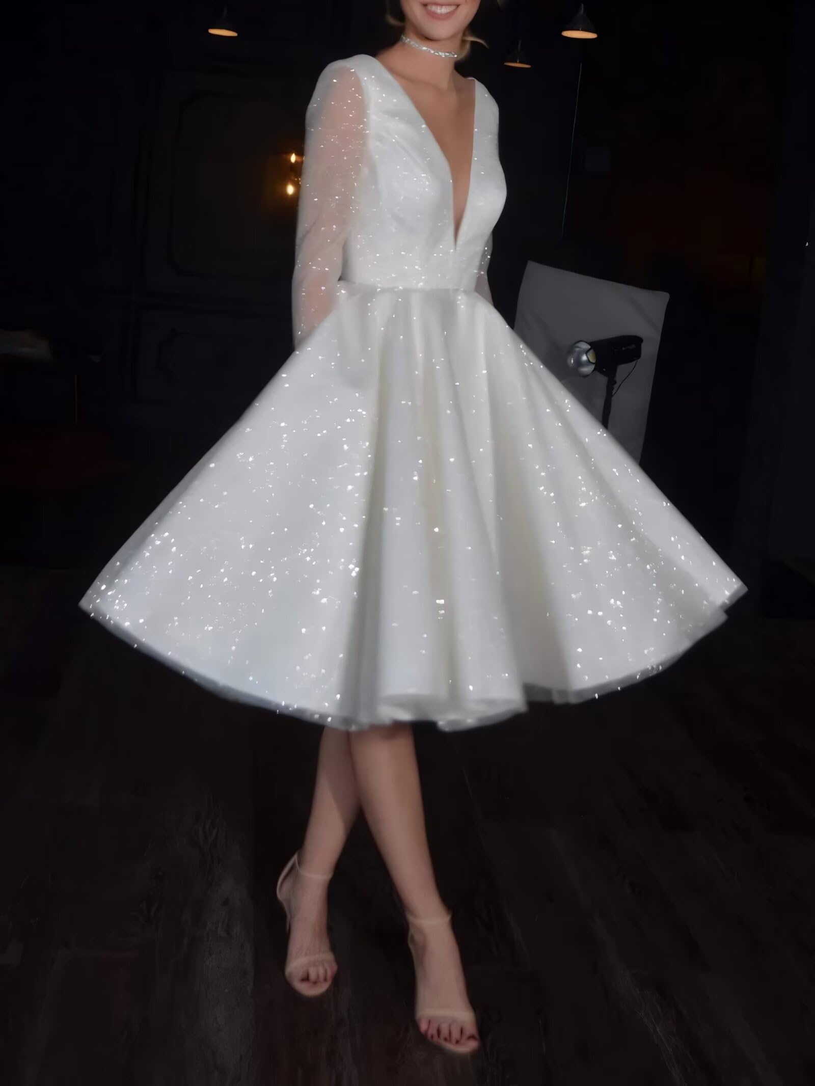 Elegant A-Line Satin Wedding Dress with Sparkly Tulle Long Sleeves | Knee-Length Beach Wedding Gown for Bride | Perfect for Beach, Garden & Destination Weddings