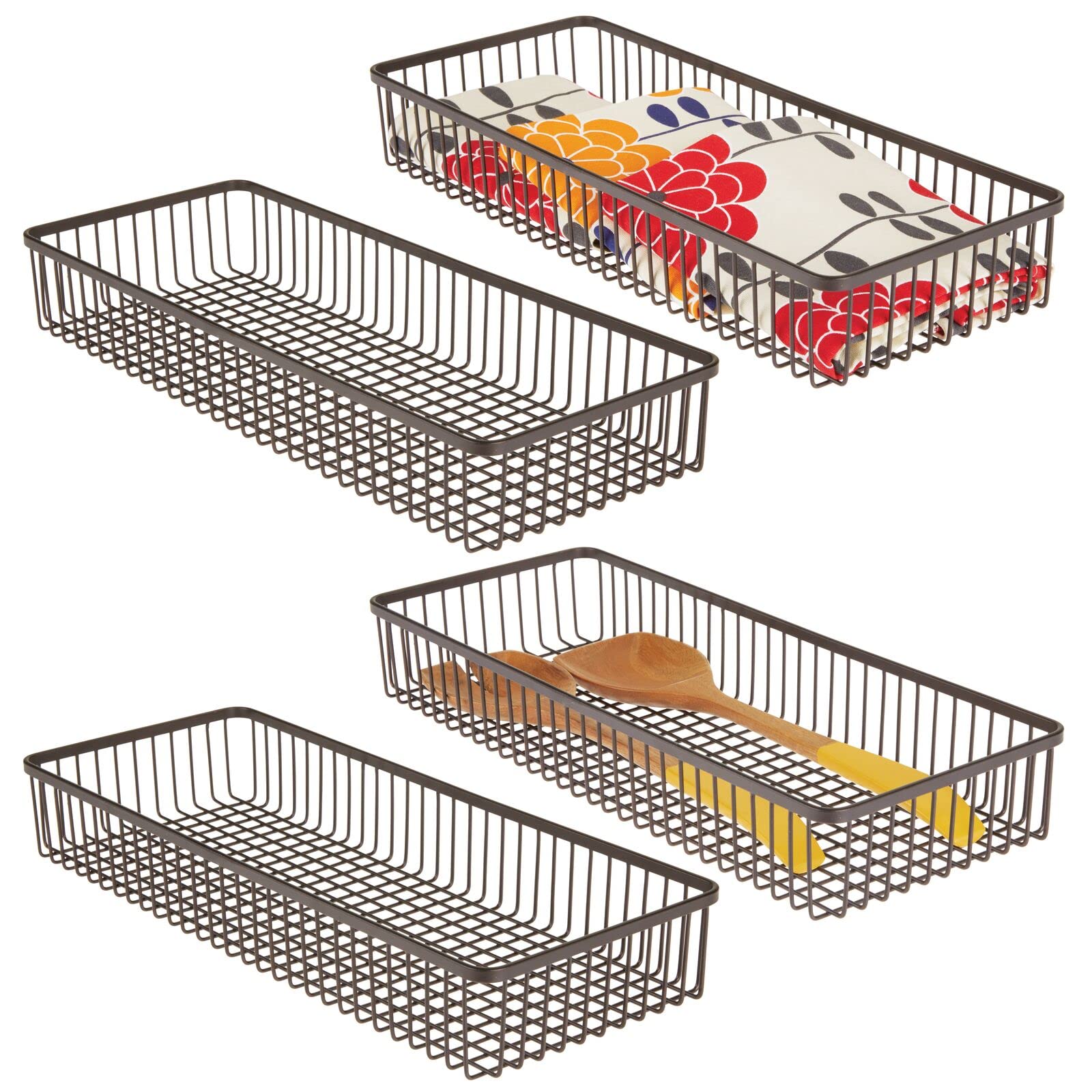 mDesign Metal Farmhouse Kitchen Cabinet Drawer Organizer Tray - 4 Pack Bronze Shallow Storage Bins for Cutlery, Utensils & Kitchen Gadgets (15