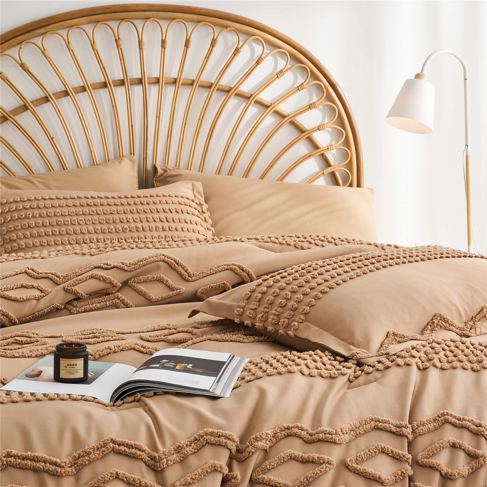 KAKIJUMN 7-Piece Queen Size Khaki Tufted Comforter Set - All Season Soft Microfiber Bedding with Shabby Chic Boho Design | Perfect for Master Bedroom, Guest Room & Dorm Decor (Khaki, Queen)