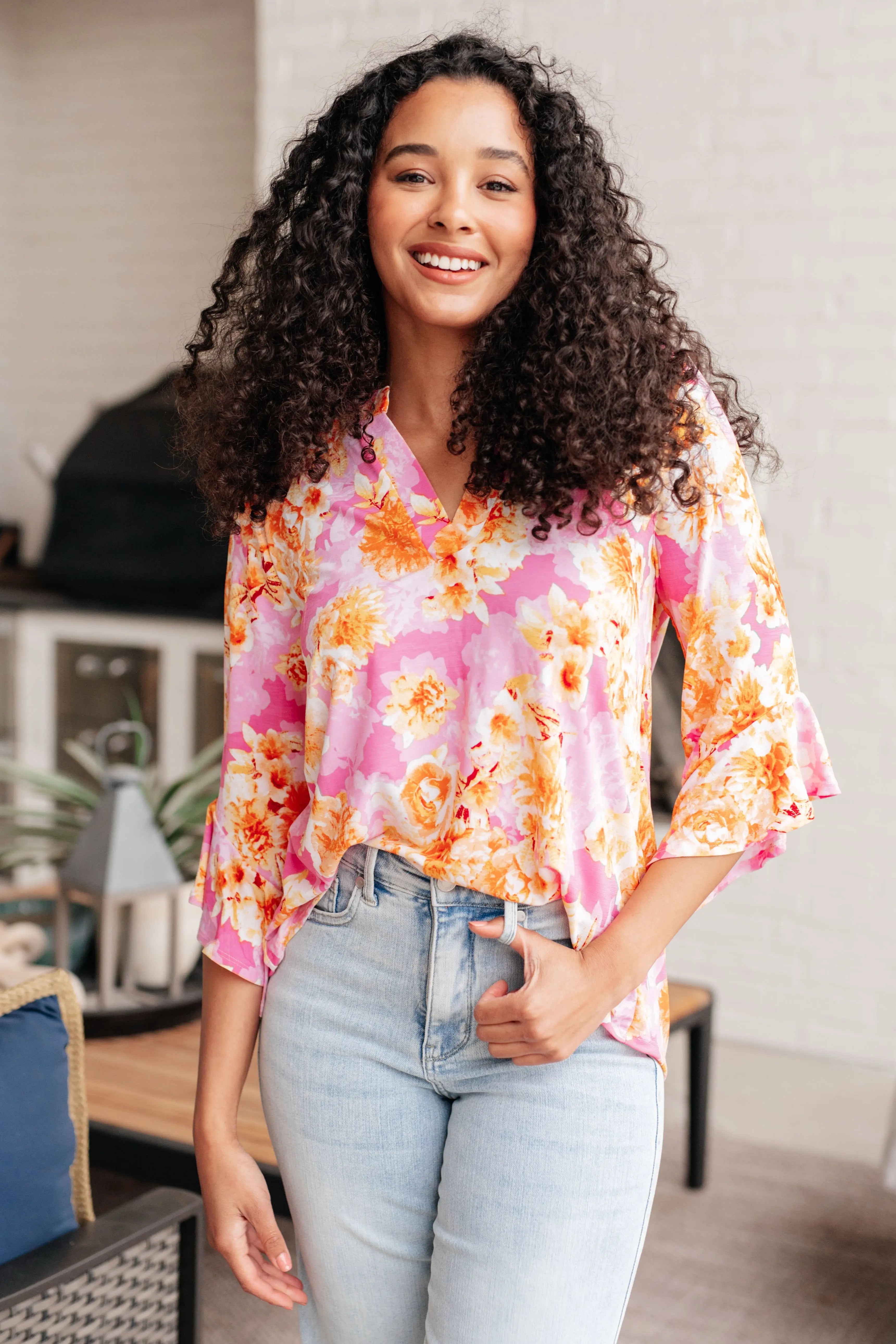 Lizzy Bell Sleeve Blouse - Pink & Gold Floral Print Women's Tops for Casual Wear, Office, and Date Night Outfits