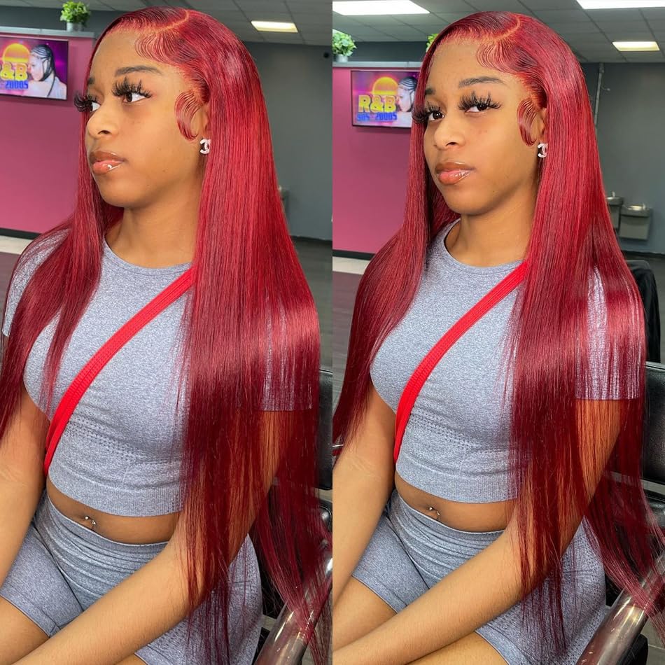 28 Inch Burgundy Lace Front Wig - 100% Human Hair with Baby Hair & Pre-Plucked Natural Hairline | 13x4 HD Frontal | 180 Density Virgin Hair | Perfect for Cosplay, Daily Wear & Special Occasions