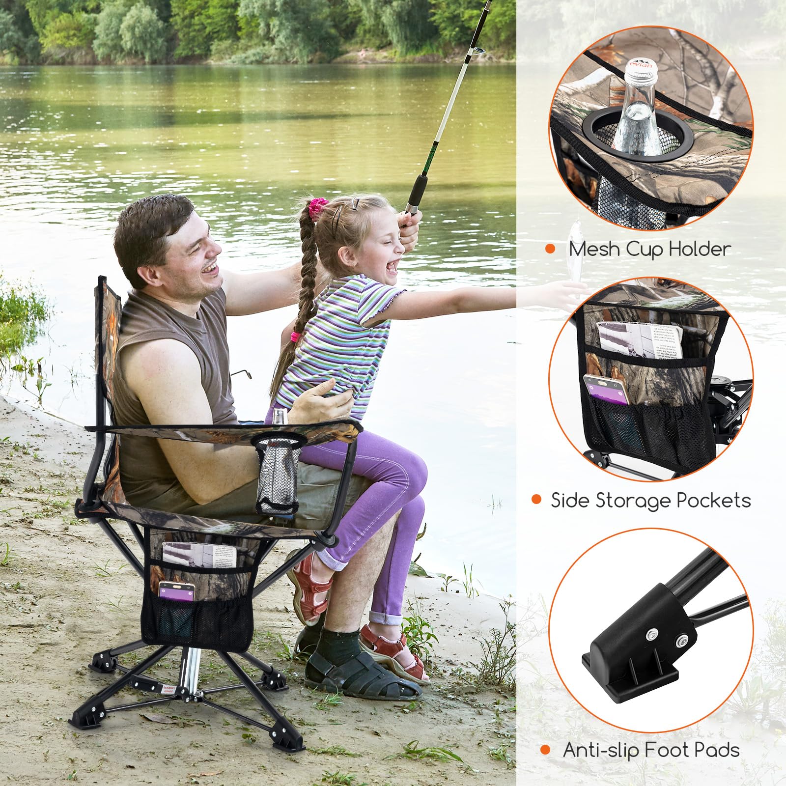 Goplus 360° Swivel Camping Chair for Adults - Portable Folding Hunting Chair with Cup Holder & Carry Bag - Rotating Lawn Chair for Fishing, Picnic, Hiking, Outdoor Activities (Camo) - Perfect for Backyard, Beach, Tailgating & Camping Trips