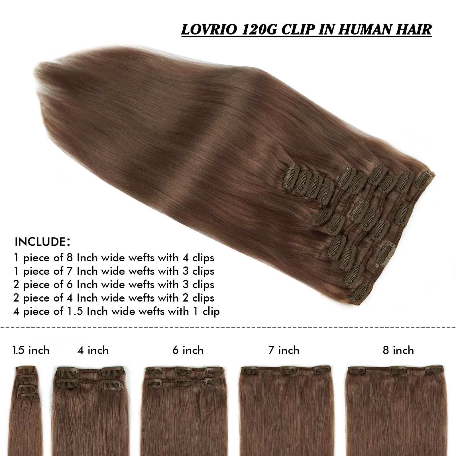 20 Inch 160g Clip-in Human Hair Extensions - Silky Straight, Thick & Voluminous, Chocolate Brown (10 Pieces, 21 Clips) for Parties, Weddings & Daily Styling