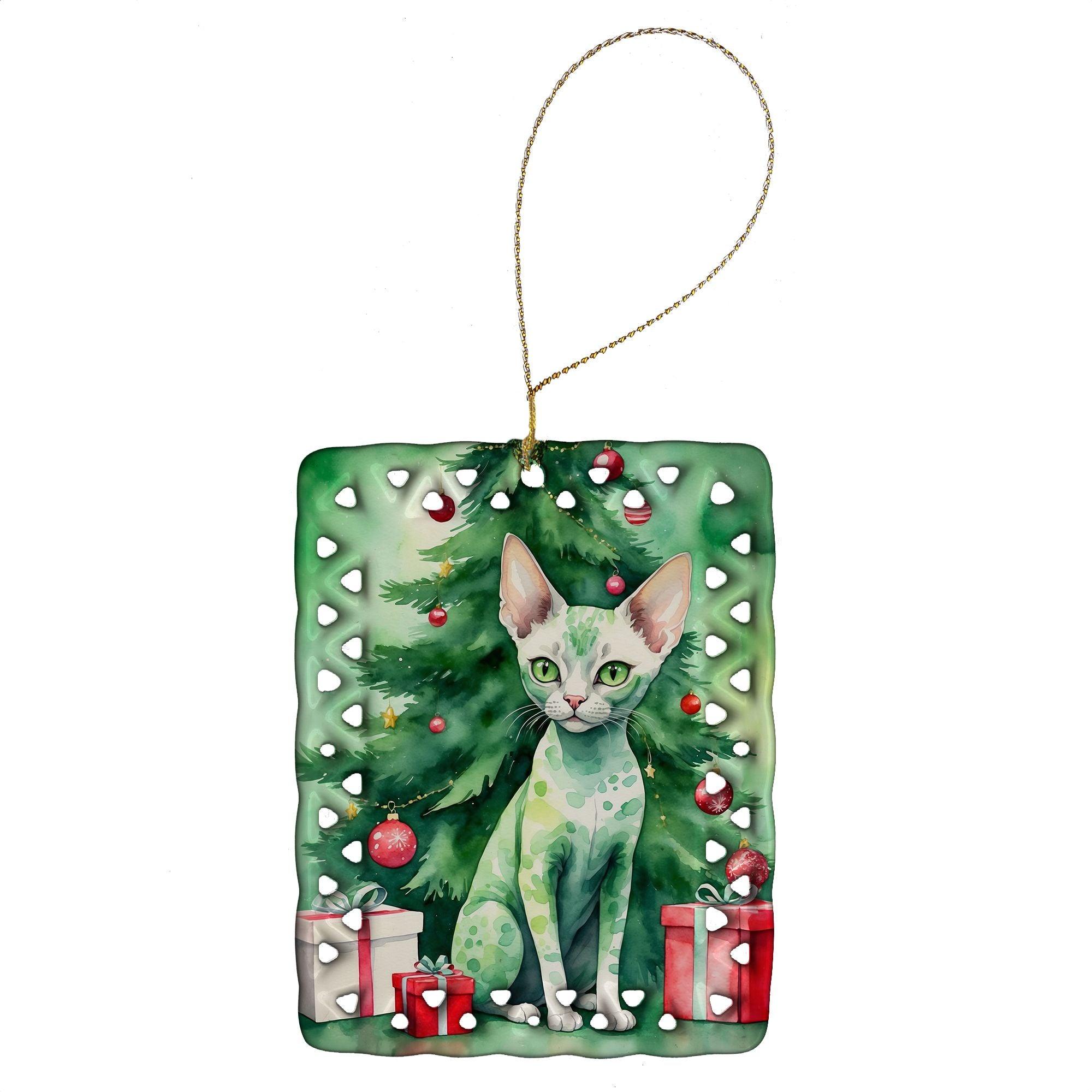 Devon Rex Cat Christmas Tree Porcelain Ornament - Handmade Holiday Hanging Decor for Home, Festive Rectangle Gift in Multicolor | Perfect for Tree Decorating, Gift Exchanges & Christmas Celebrations