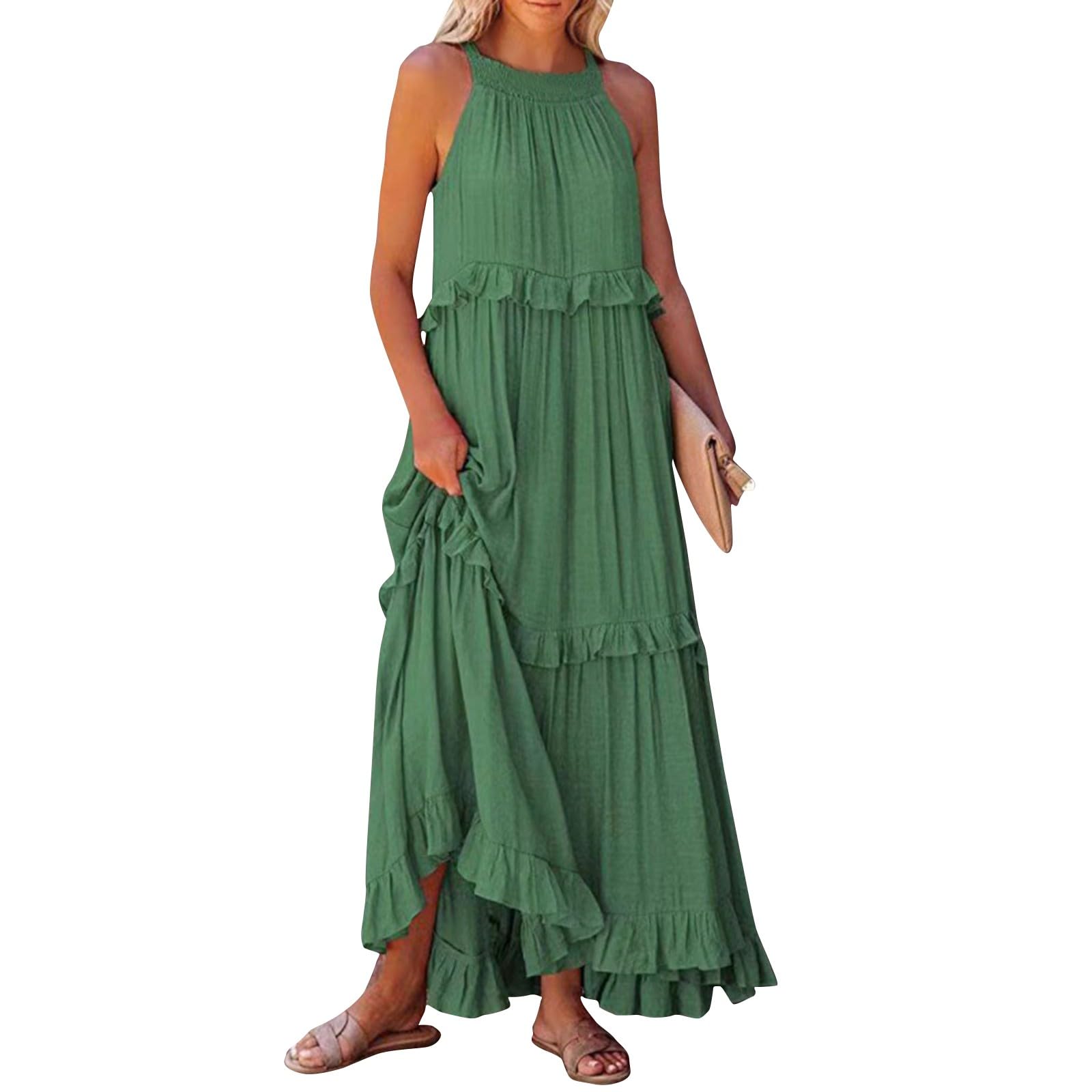 Women's Halter Smocked Tiered Maxi Dress - Flowy Swing Summer Cocktail & Wedding Guest Dress with Pockets | Perfect for Beach Vacations, Garden Parties & Formal Events