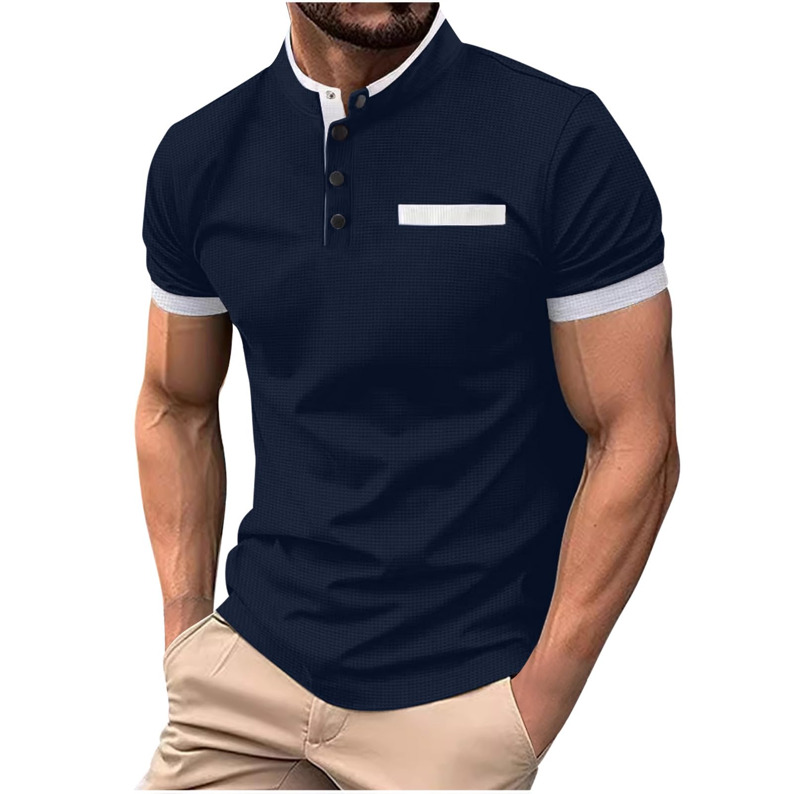 Men's Waffle Knit Henley Shirt Short Sleeve T-Shirt - Summer Casual Button Up Work Blouse with Pocket - Perfect for Outdoor Activities, Office Wear & Everyday Comfort