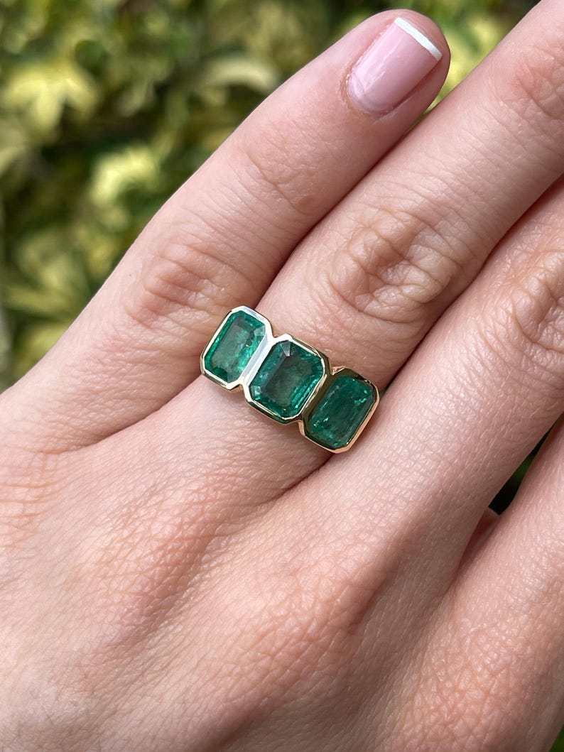4.40tcw Bezel Set Emerald Cut Trilogy Ring in 14K Yellow Gold with Vintage Scroll Detail - Perfect for Engagement, Anniversary & Vintage Jewelry Lovers