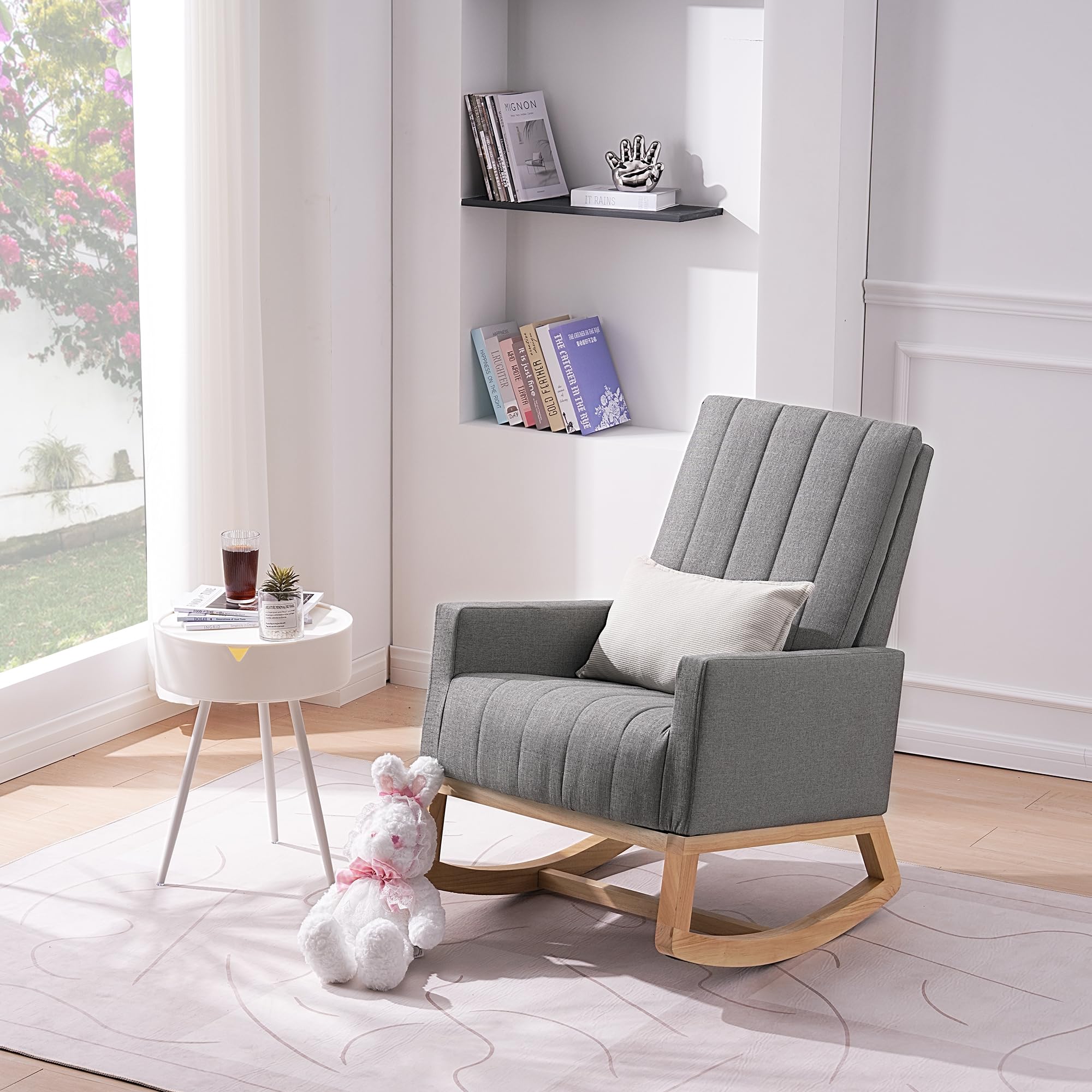 VECELO Modern Upholstered Nursery Rocking Chair with Padded Seat, High Backrest, USB Port & Side Pocket - Comfortable Glider Rocker for Living Room, Bedroom, Nursery, Office & Balcony Relaxation