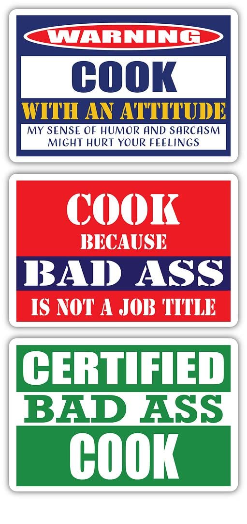Certified Bad Ass Cook with an Attitude Stickers (3-Pack) | Funny Occupation & Career Gift for Chefs | Durable 3M Vinyl Decals for Laptops, Hard Hats, Windows | Perfect for Kitchen Decor & Work Gear Personalization