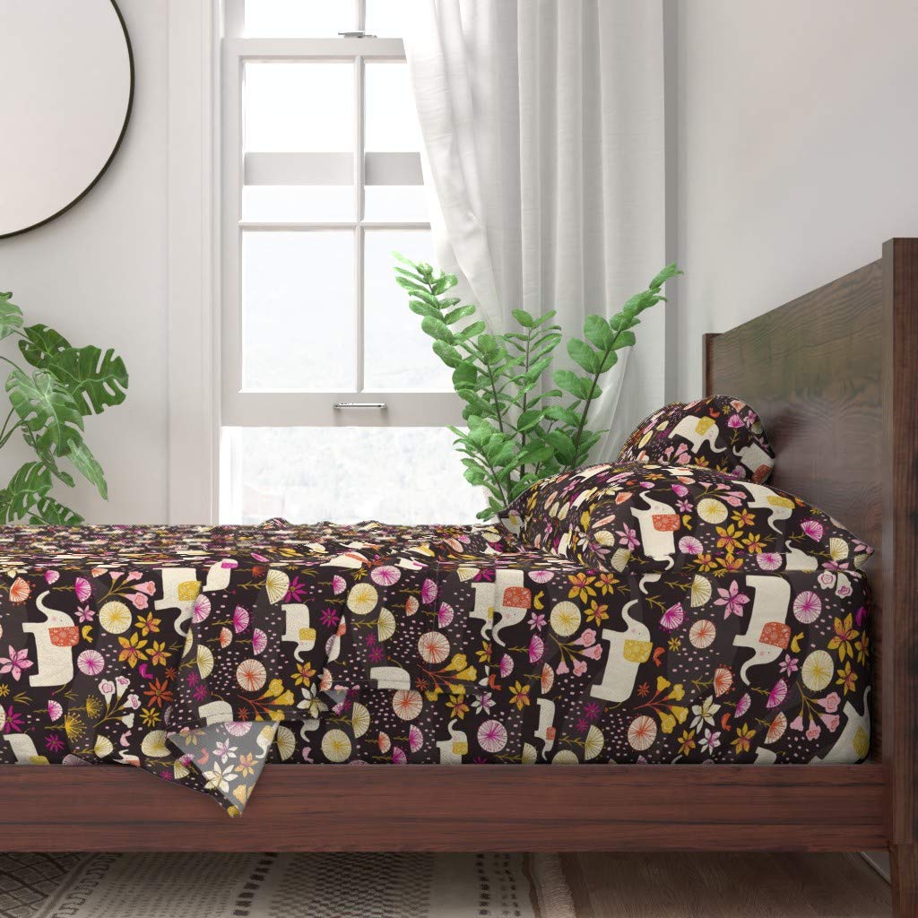 100% Cotton Queen 4-Piece Bed Sheet Set with Elephant Floral Print | Soft Breathable Sheets for Spring & Summer | Modern Animal Print Bedding for Girls & Teens | Perfect for Dorm Rooms, Guest Bedrooms & Kids' Rooms
