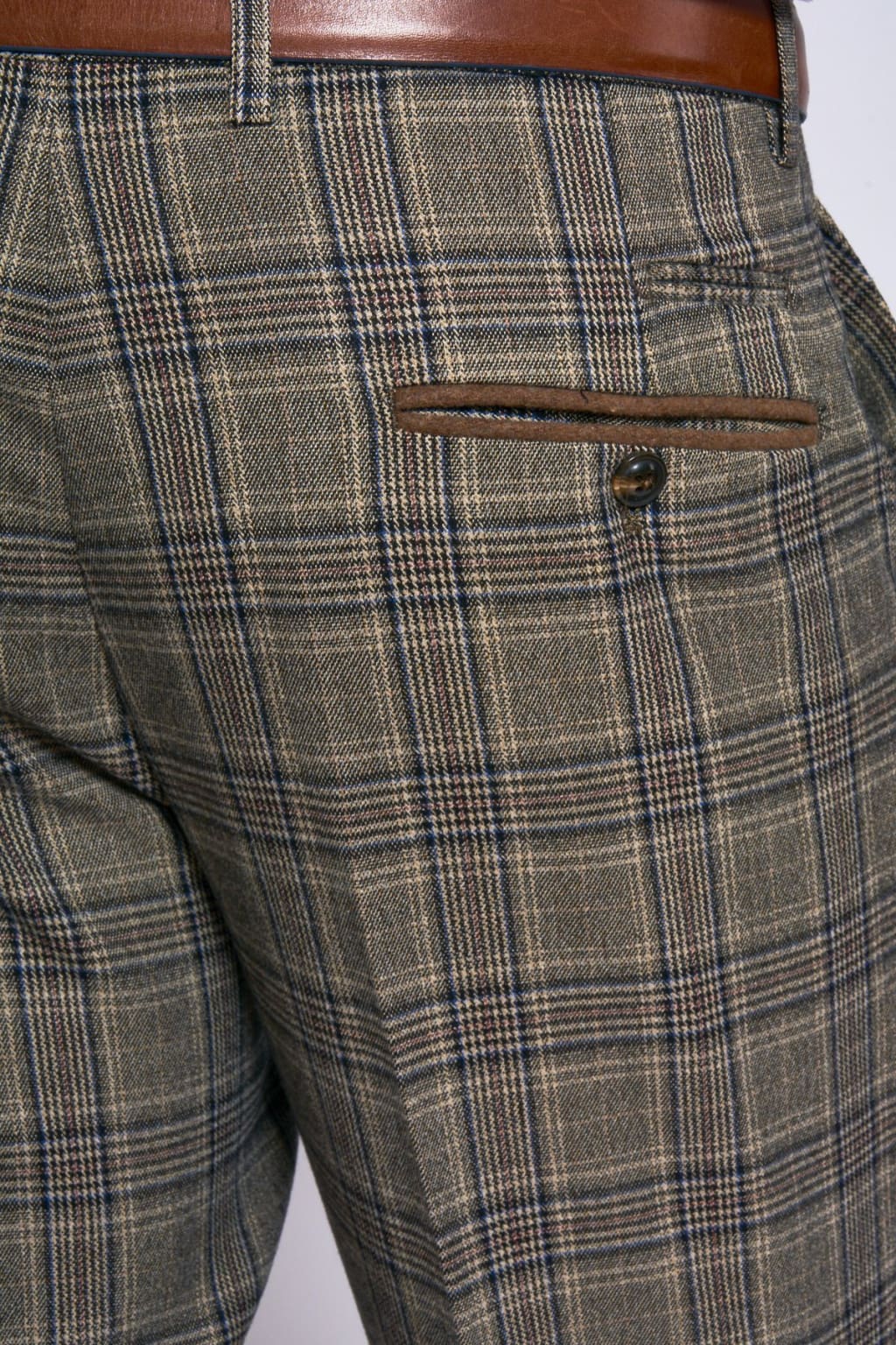 Marc Darcy Enzo Tan Check Tweed Trousers for Men - Classic Slim Fit Dress Pants for Office, Business & Formal Occasions