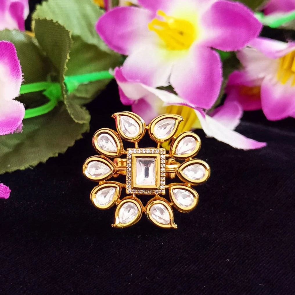 Exquisite Designer Gold Plated Kundan Ring - Elegant Indian Jewelry for Women | Perfect for Weddings, Parties & Special Occasions