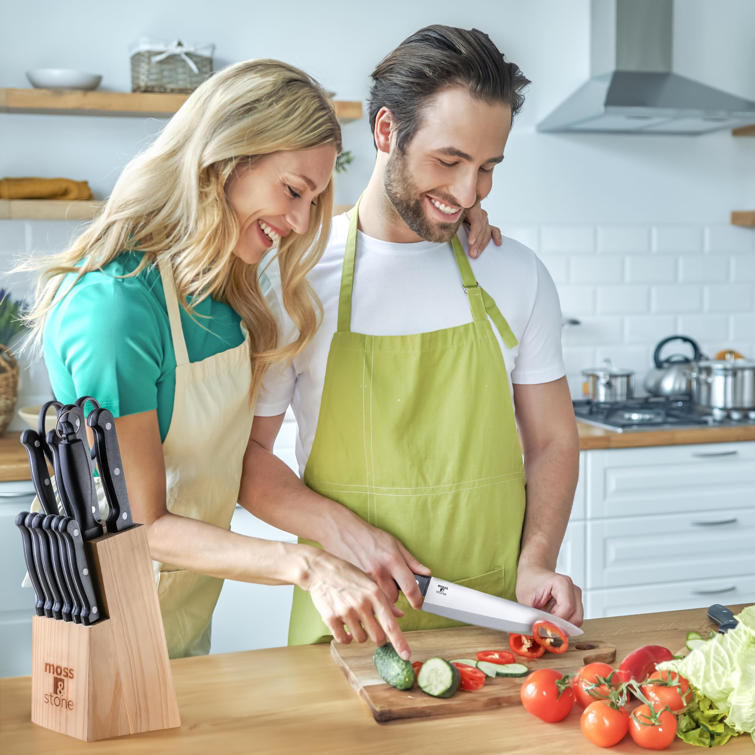 Premium 14-Piece Stainless Steel Knife Block Set - High-Carbon Steel Kitchen Knives with Wooden Holder - Sharp Cutlery Set for Professional Chefs & Home Cooking - Perfect for Meat Cutting, Vegetable Chopping & Food Prep