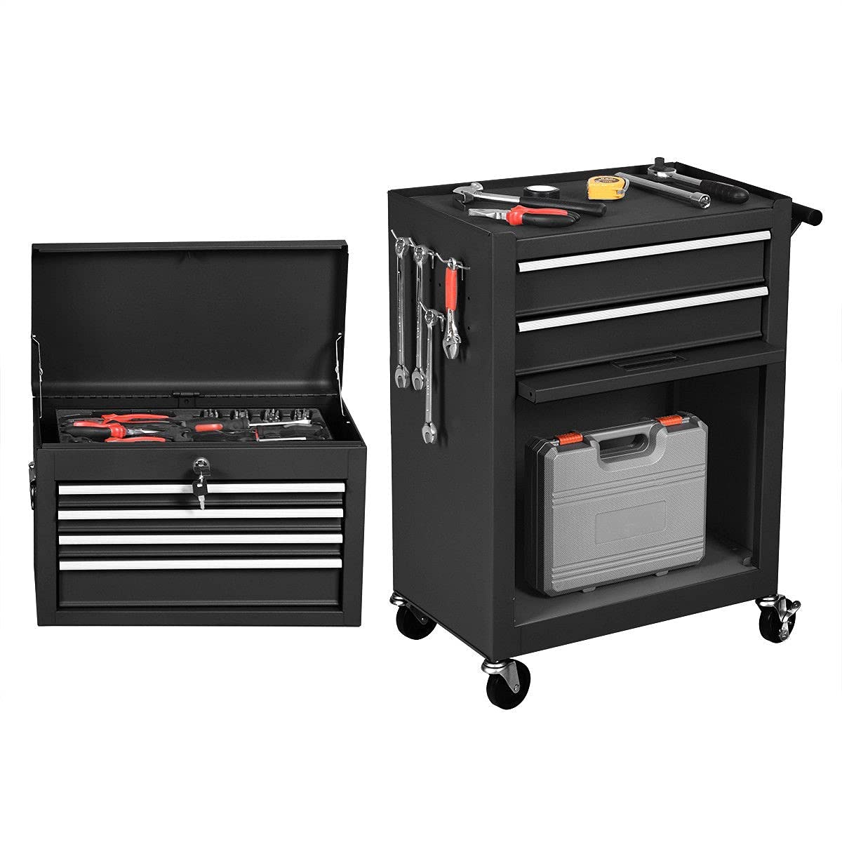 2-Piece Black Portable Rolling Tool Chest with Removable Drawers - Heavy-Duty Steel Toolbox Organizer for Garage, Workshop & Home Storage - Perfect for Mechanics, Craftsmen & DIY Enthusiasts