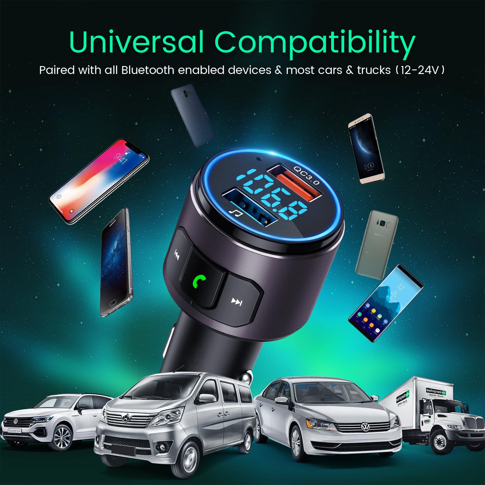 Upgraded V5.3 FM Bluetooth Transmitter for Car - QC3.0 Fast Charging, LED Backlit Wireless Bluetooth FM Radio Adapter with Siri & Google Assistant - Hands-Free Music Player & Car Kit (Brown) - Perfect for Road Trips, Commuting & Wireless Audio Streaming