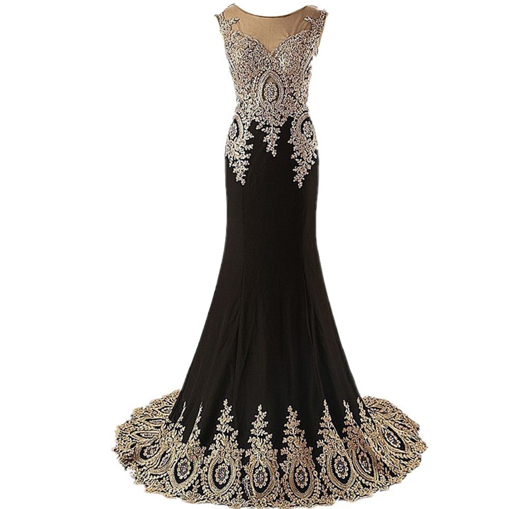 Lemai Shiny Crystal Mermaid Evening Dress - Gold Lace Sheer Formal Gown for Prom, Pageant, Bridesmaid, Quinceañera & Special Occasions