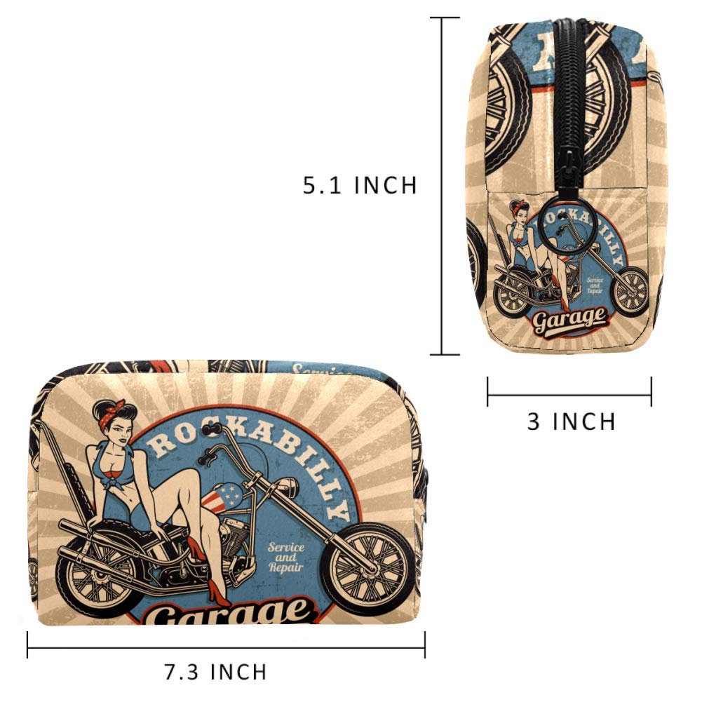 Pin Up Girl Motorcycle Monochrome Makeup Bag - Waterproof Cosmetic & Toiletry Travel Organizer for Women | Portable Storage for Makeup Tools, Brushes, Toiletries | Perfect for Travel, Gym, Beach & Daily Use