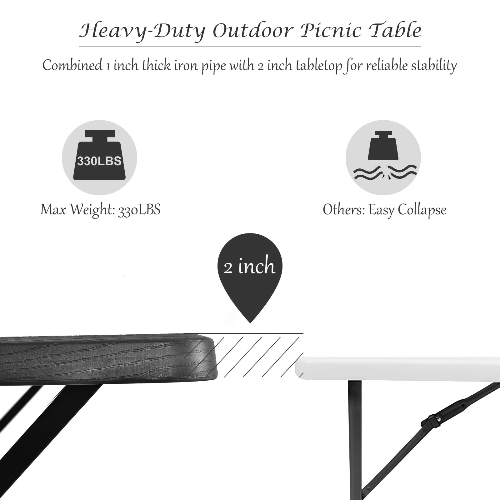 Giantex 6-Foot Outdoor Picnic Table Set - All-Weather Metal Frame with Wood-Like Texture - Heavy Duty Backyard, Poolside, Camping, Garden, Deck, Patio Furniture for Adults & Family Gatherings (Black)