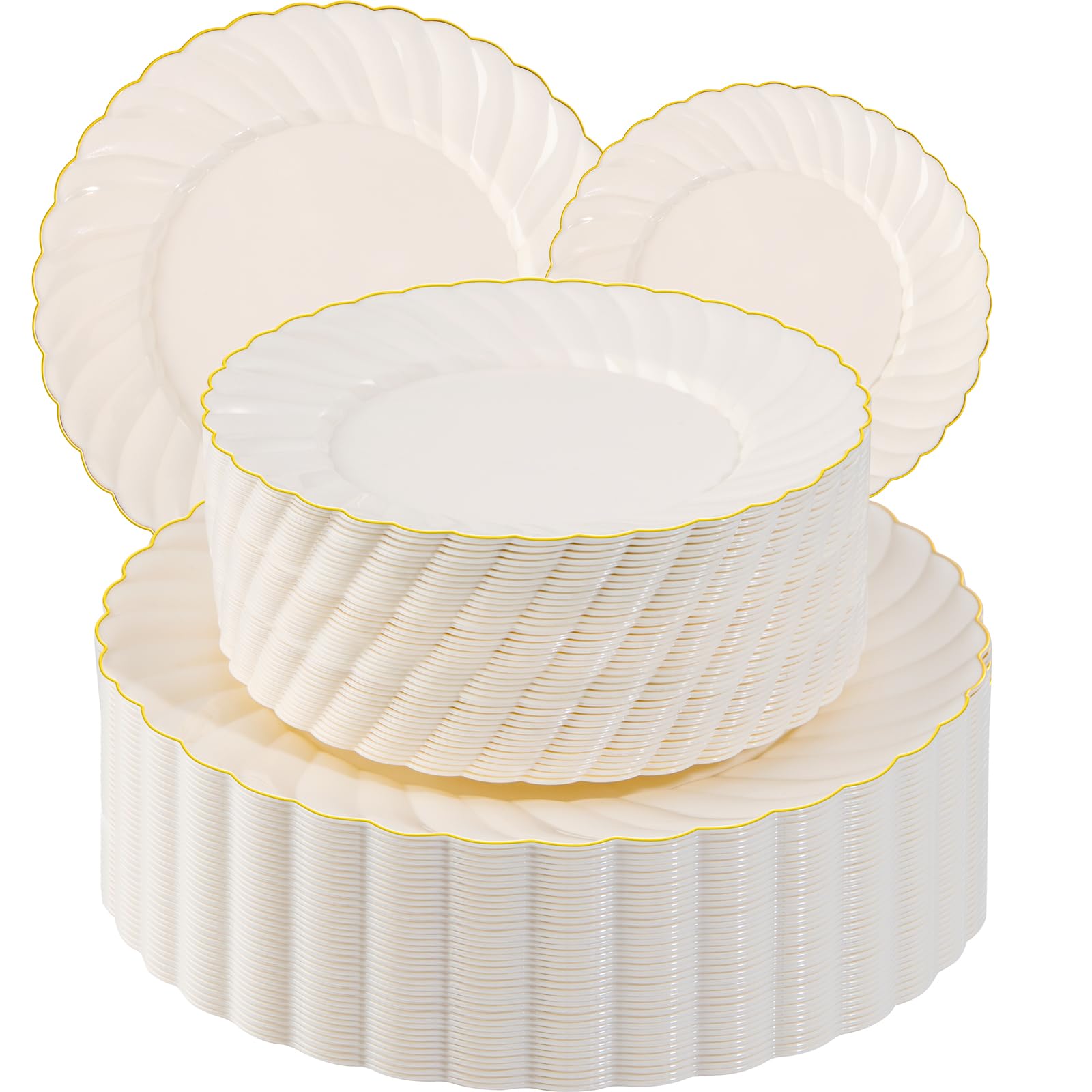 Premium 100-Piece Ivory Scalloped Plastic Plates Set with Gold Rim - Elegant Disposable Dinnerware for Parties, Weddings & Events - Includes 50x 9