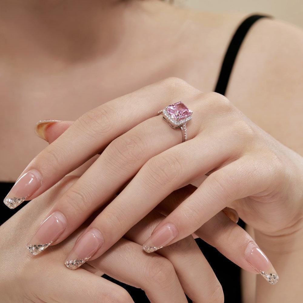 Pink CZ Radiant Cut Halo Ring - 925 Sterling Silver Cubic Zirconia Engagement Ring for Women | Perfect for Valentine's Day, Anniversary & Proposal Gifts