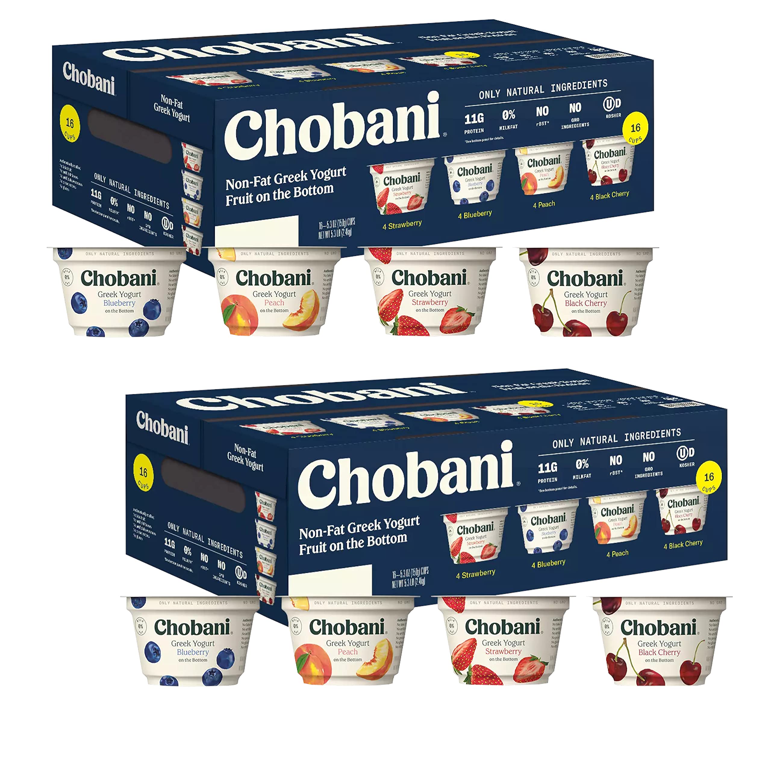 Chobani Nonfat Greek Yogurt Variety Pack with Fruit on Bottom - 4 Flavors: Strawberry, Blueberry, Peach & Black Cherry (32 Cups Total, 2 Packs of 16) - Healthy Snack for Breakfast, Lunch Boxes & Office Break