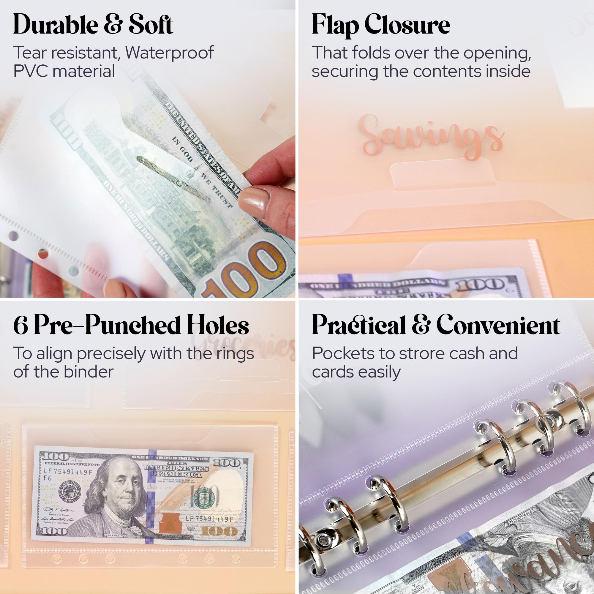 SOUL MAMA A6 Budget Binder - 12 Pcs Flapper Envelopes, Clear Binder Pockets with Stickers, 6 Holes Cash Stuffing Waterproof Envelopes for Money Saving, Cash Envelope System, Budget Planning & Organizing Finances at Home or Office