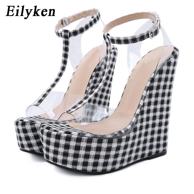 Eilyken Women's Fashion Gingham Wedge Sandals with Ankle Strap - Thick Bottoms, PVC Transparent High Heels for Summer, Beach & Casual Outfits