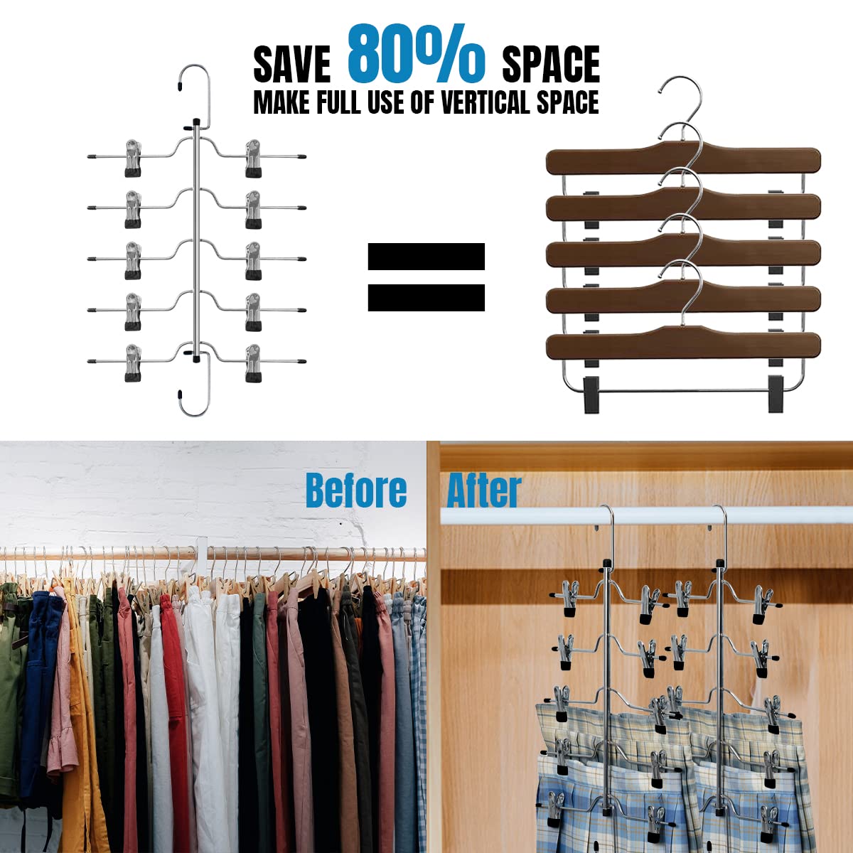 5-Tier Metal Skirt & Pants Hangers - Space Saving Closet Organizer with Non-Slip Adjustable Clips, Heavy Duty Durable Hangers for Jeans, Slacks, Shorts (2 Pack) - Perfect for Wardrobe Organization & Closet Storage Solutions