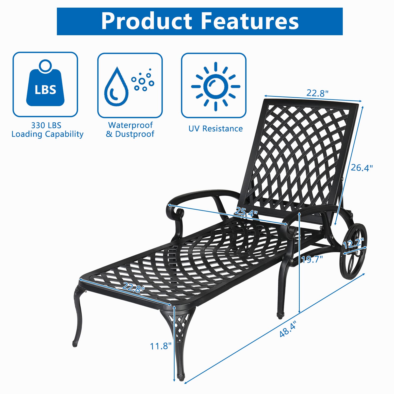 VINGLI Heavy-Duty Cast Aluminum Outdoor Chaise Lounge Chair with Wheels - Adjustable 3-Position Backrest, Weather-Resistant Patio Tanning Chair for Poolside, Beach & Backyard Relaxation (Black, Cushion Not Included)