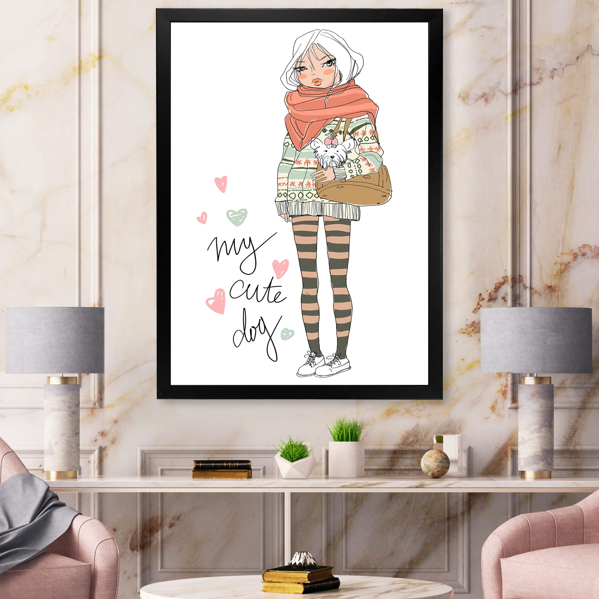 DesignQ Shabby Chic Framed Wall Art - Cute Girl with Dog Painting - Perfect for Nursery, Bedroom & Living Room Decor