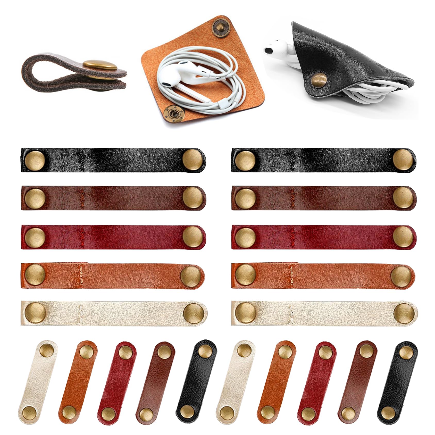 Premium Genuine Leather Cable Ties - 10 Long & 10 Short Cord Organizers with 2 Square Holders - Stylish Cord Winder for Home Office Desk, Travel, Electronics & Car Accessories Organization