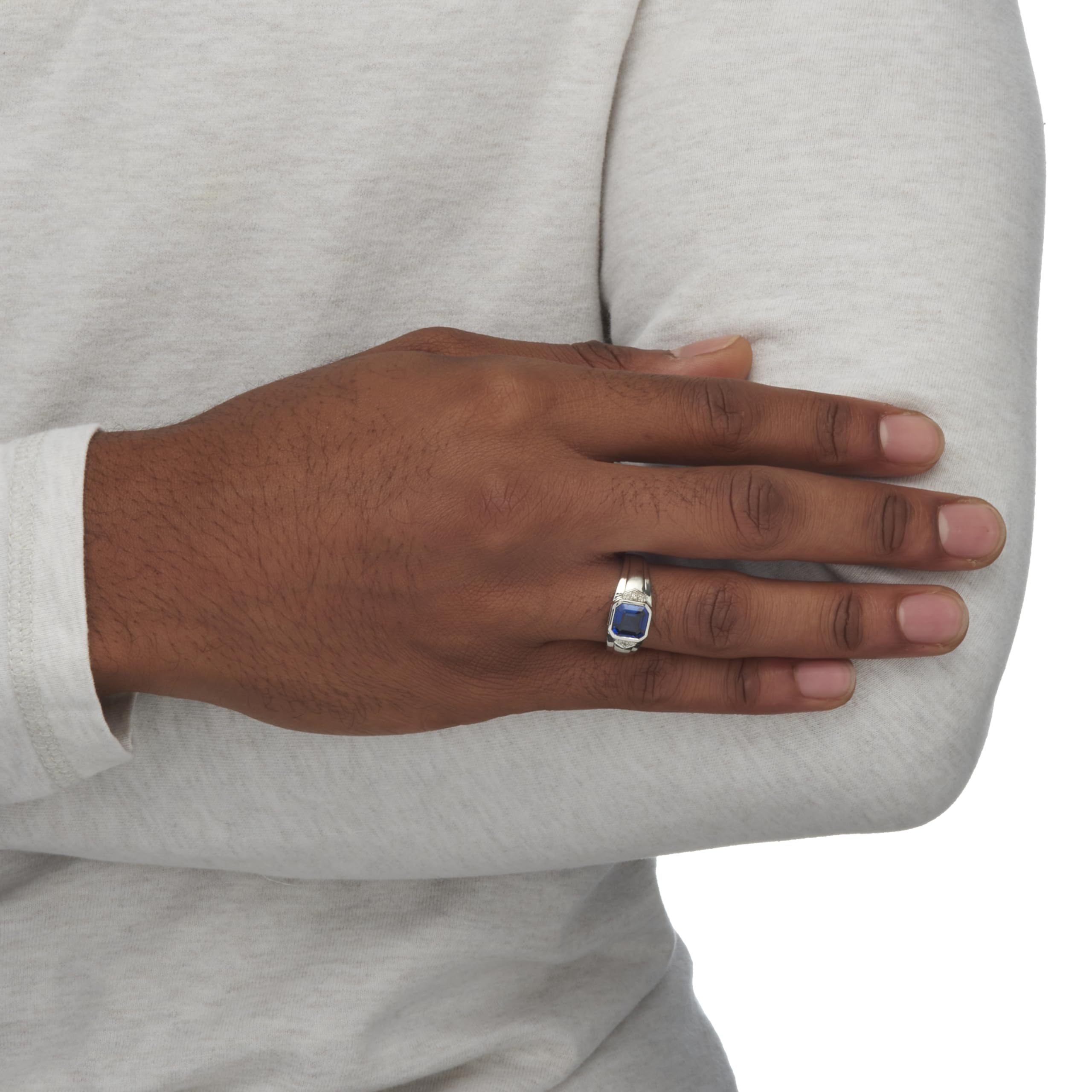 Platinum Over Sterling Silver Men's Ring - Square Cut Created Blue Sapphire & Diamond Accent Octagon Design for Wedding, Engagement & Special Occasions