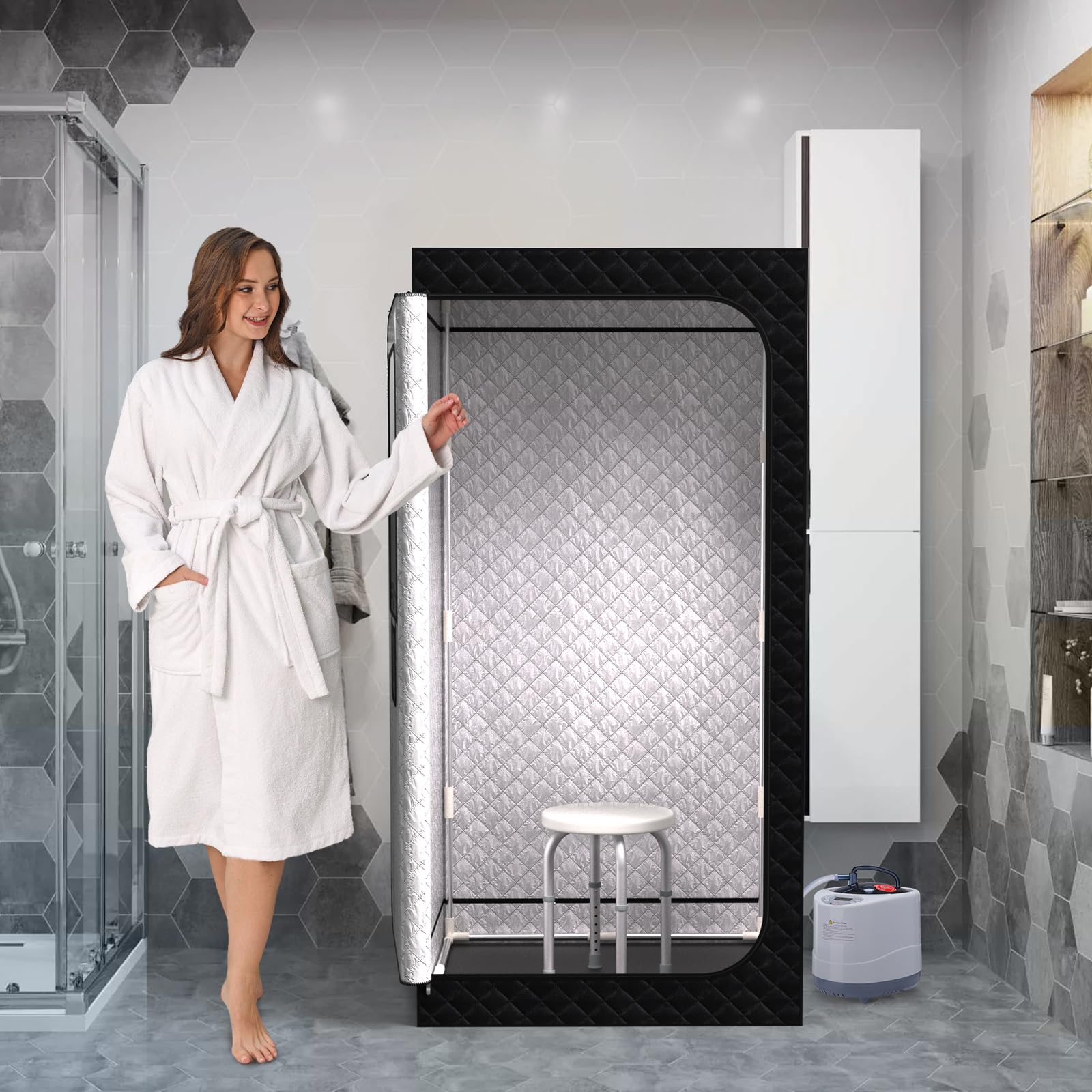Portable Home Steam Sauna with Shower Chair - 3L 1200W FCC Certified Sauna Tent, 9-Level Remote Control Personal Spa (61.8