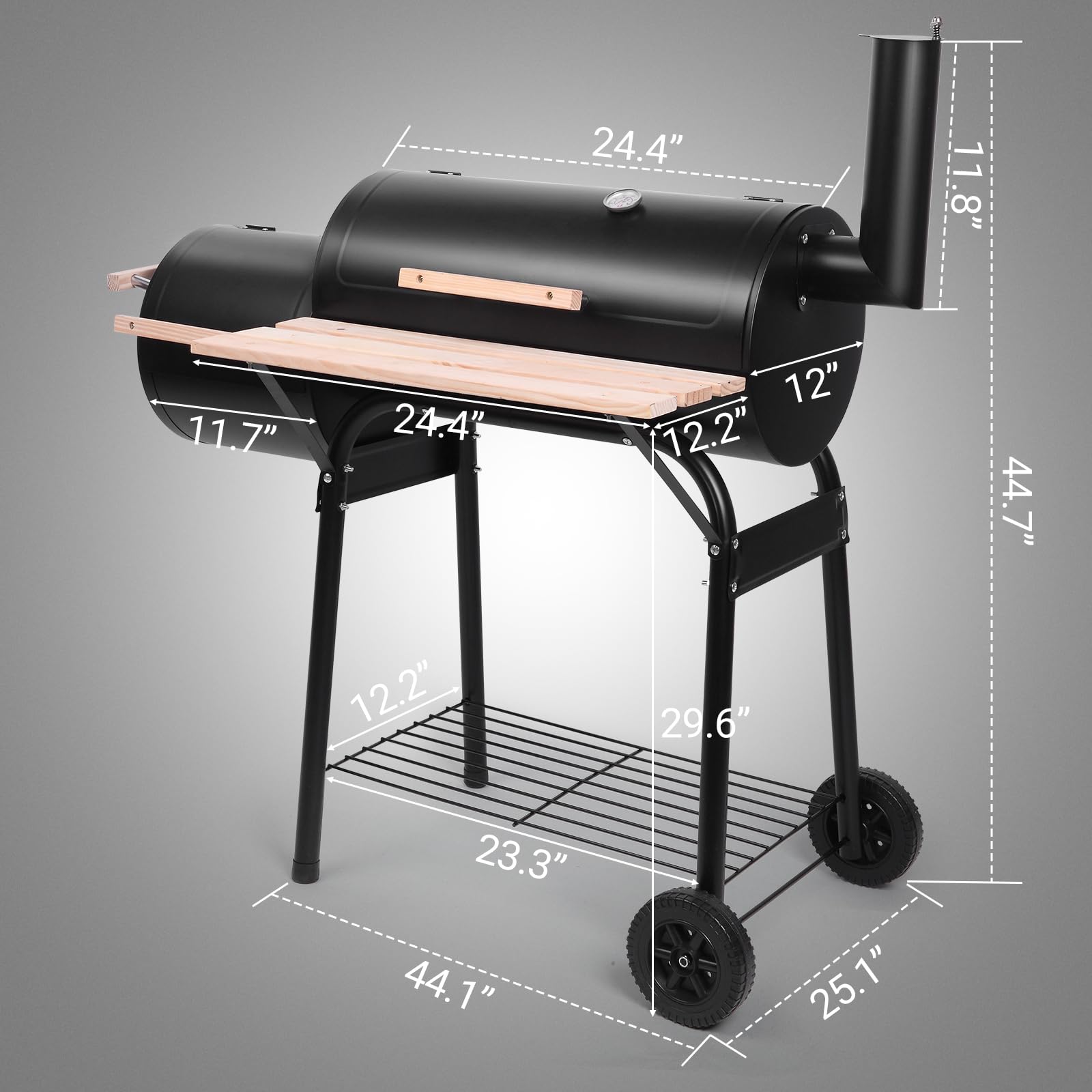 Outvita Charcoal Grill & Offset Smoker with Wheels - Portable Outdoor BBQ Cooker for Backyard, Camping, Picnics & Parties - Heavy-Duty Patio Barbecue Oven with Side Fire Box for Grilling, Smoking & Roasting Meats
