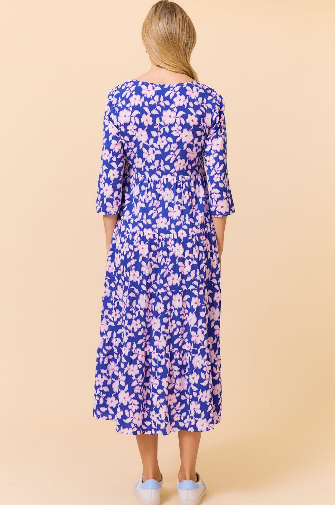 Emma EcoVero™ Midi Dress - Sustainable Floral Print Dress in Cobalt Blue & Pink | Perfect for Summer Weddings, Garden Parties & Casual Outings