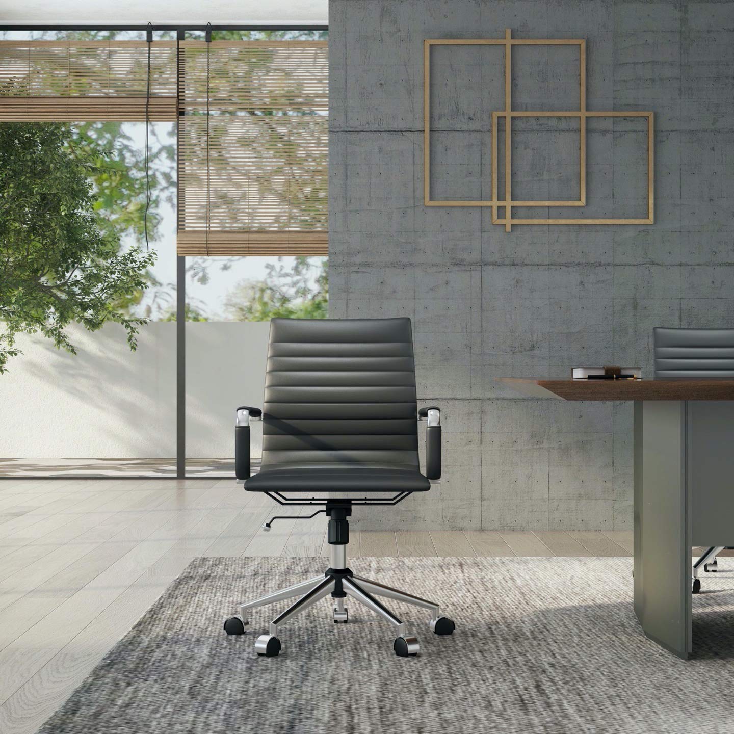 Ergonomic Adjustable Leather Office Chair - Black Executive Swivel Desk Chair with Ribbed Back for Home & Office Use - Perfect for Long Hours of Work, Gaming, or Studying
