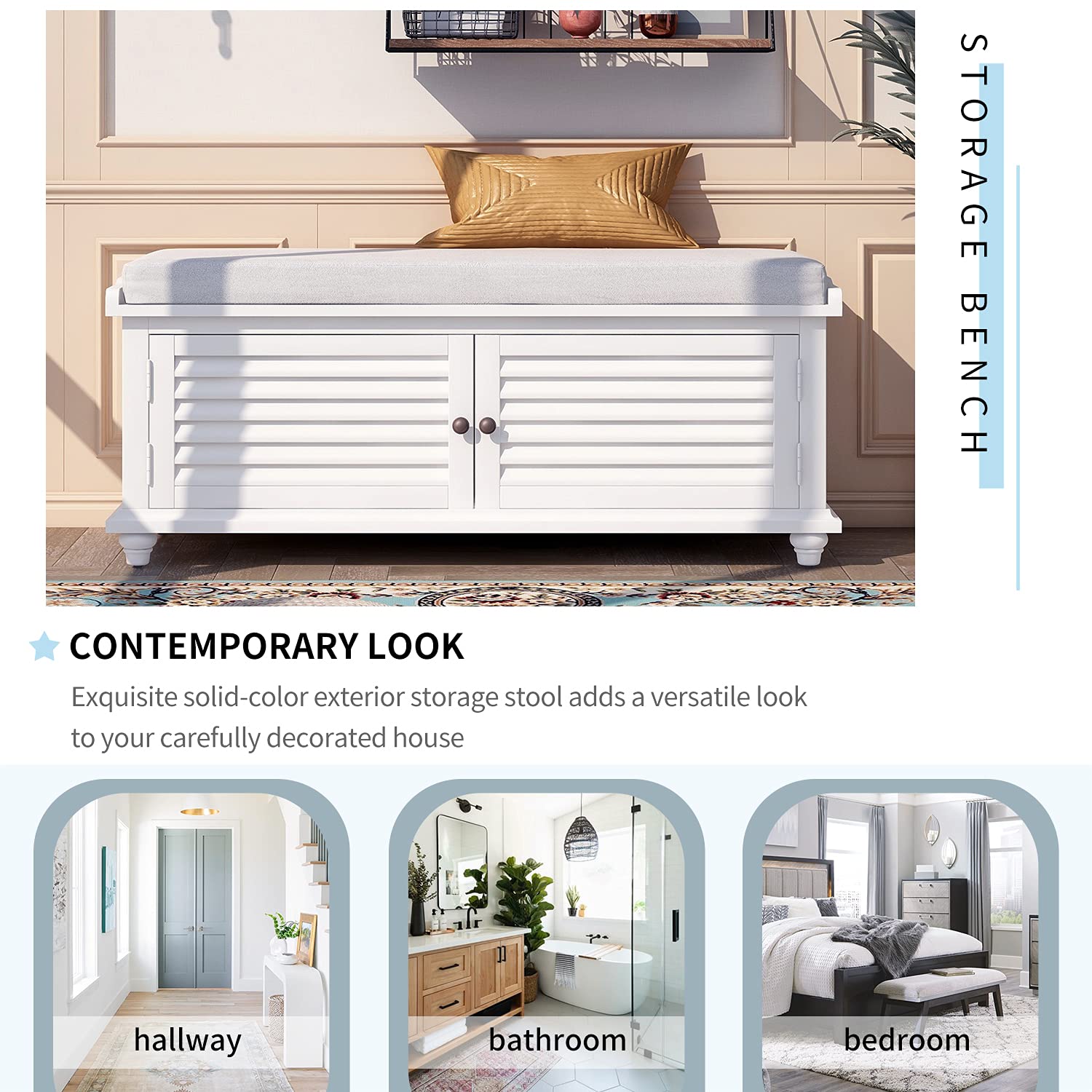 HomVent Storage Bench with 2 Doors & Removable Cushion - Entryway Shoe Bench for Hallway, Living Room, Bedroom - Supports 168 lbs - Perfect for Small Spaces, Entry Storage & Shoe Organization