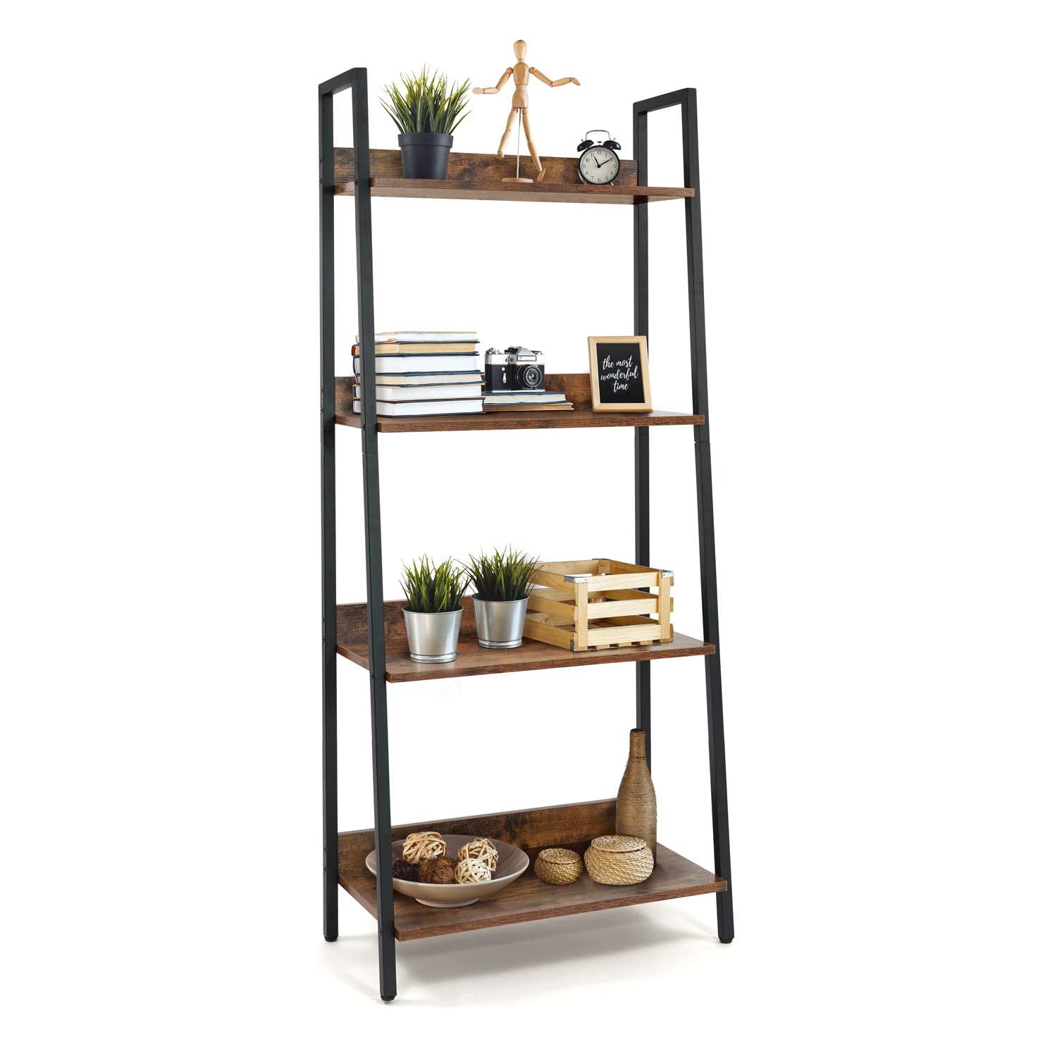 CAPHAUS 4-Tier Ladder Bookshelf - 24 Inch Wide Free Standing Shelf for Home Office, Living Room & Kitchen - Rustic Oak Vintage Bookcase with Storage Rack - Perfect for Organizing Books, Decor & Kitchen Essentials
