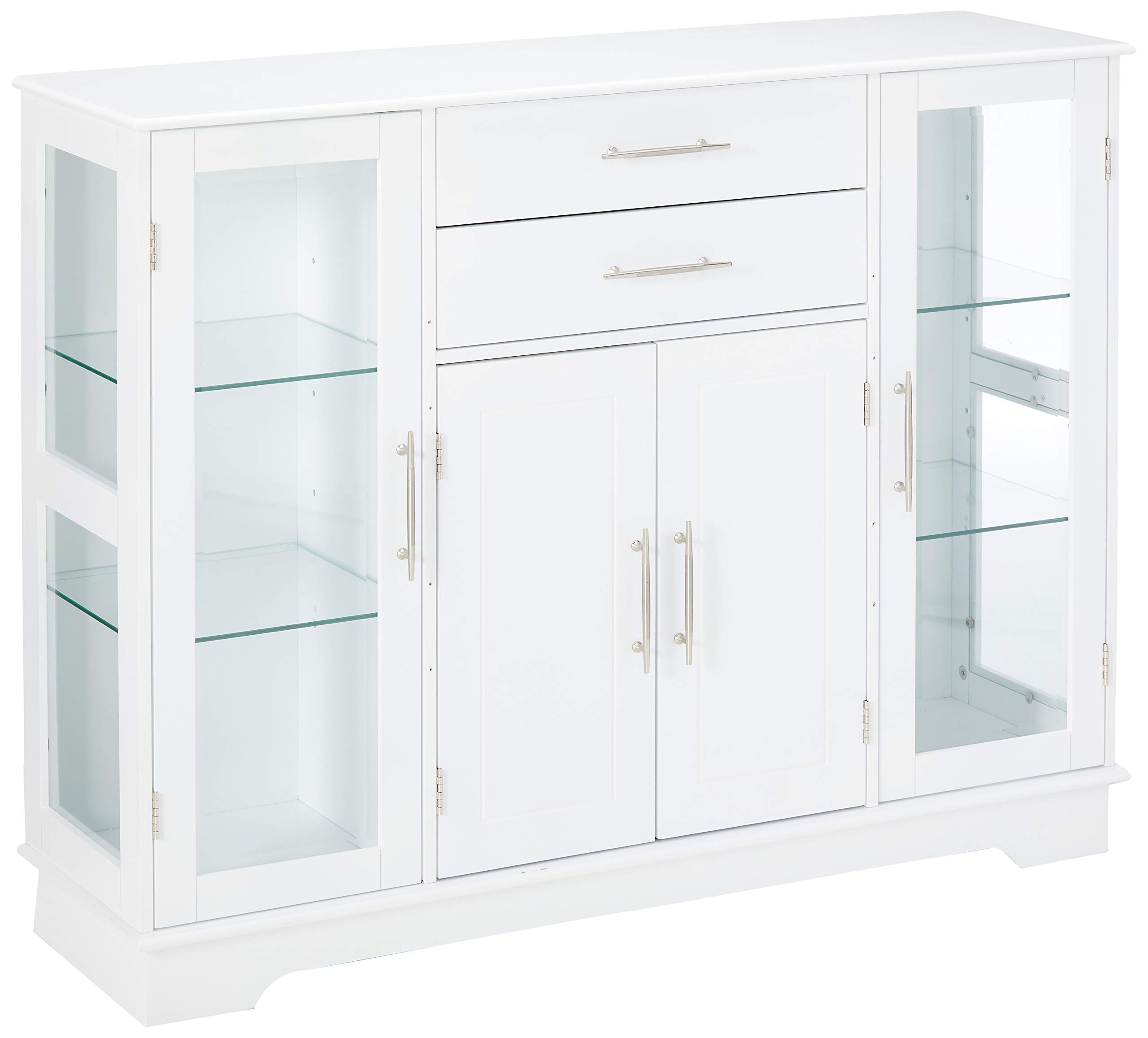 Kings Brand White Kitchen Storage Cabinet with Glass Doors - Buffet Sideboard for Dining Room, Living Room & Kitchen Organization