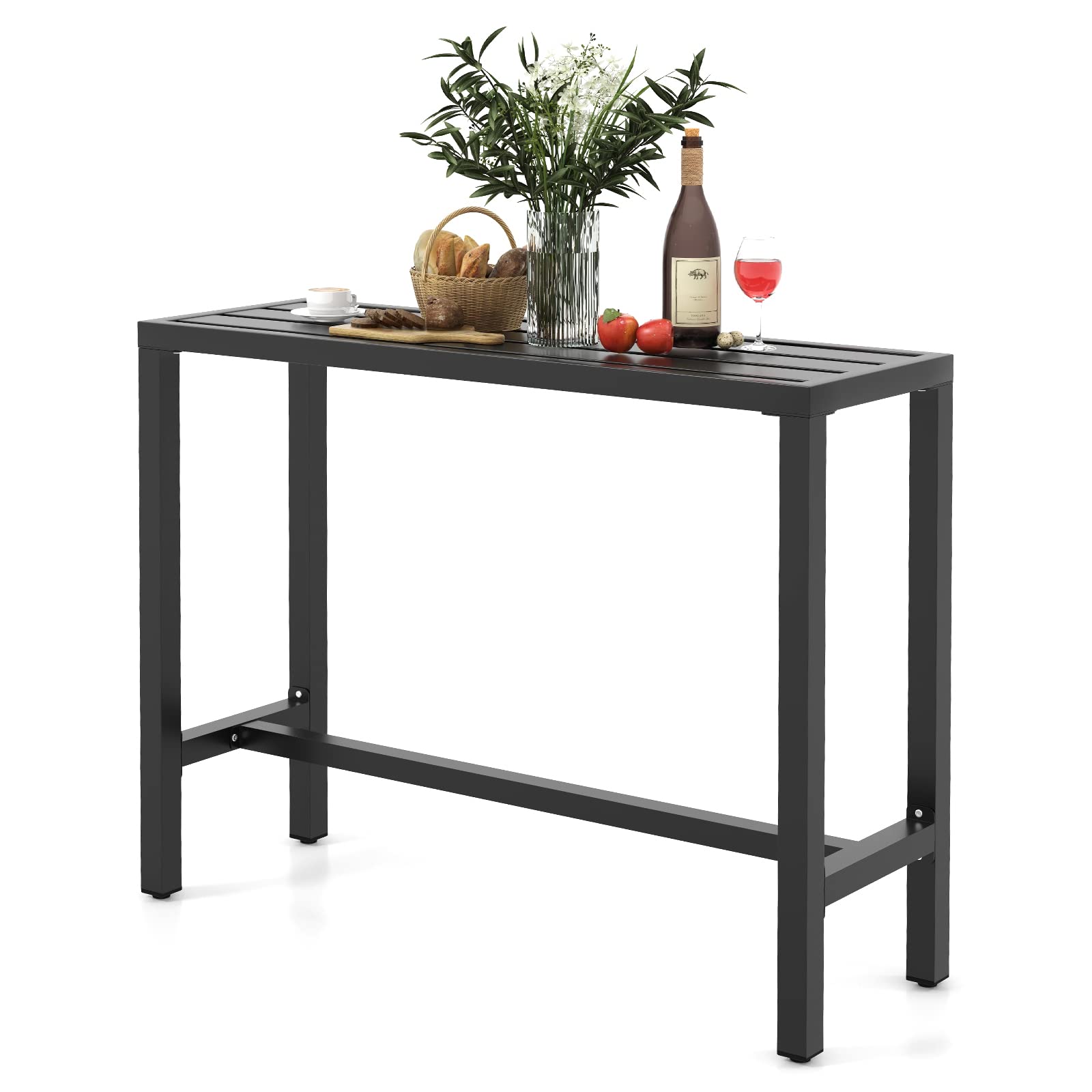 COSTWAY 48-inch Outdoor Bar Table - Narrow Counter Height Dining Table with Waterproof Top & Heavy-Duty Metal Frame - Black Rectangular Pub Table for Hot Tub, Garden, Patio, Backyard & Poolside - Perfect for Outdoor Entertaining & Relaxation